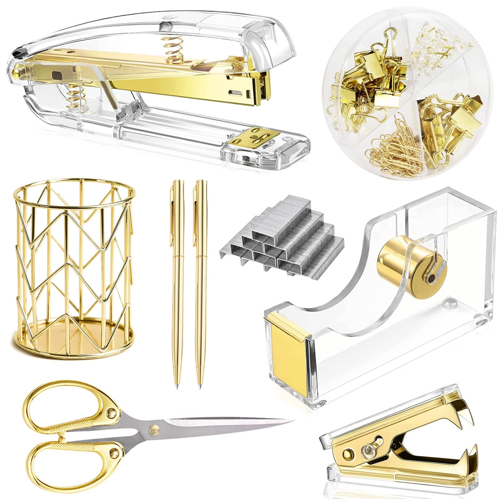 Famassi Gold Desk Accessories，Office Supplies Set Acrylic Stapler Set Staple Remover, Tape/Pen Holder, 2 Ballpoint Pen, Scissor, Binder/Paper Clips and 1000pcs Staples.