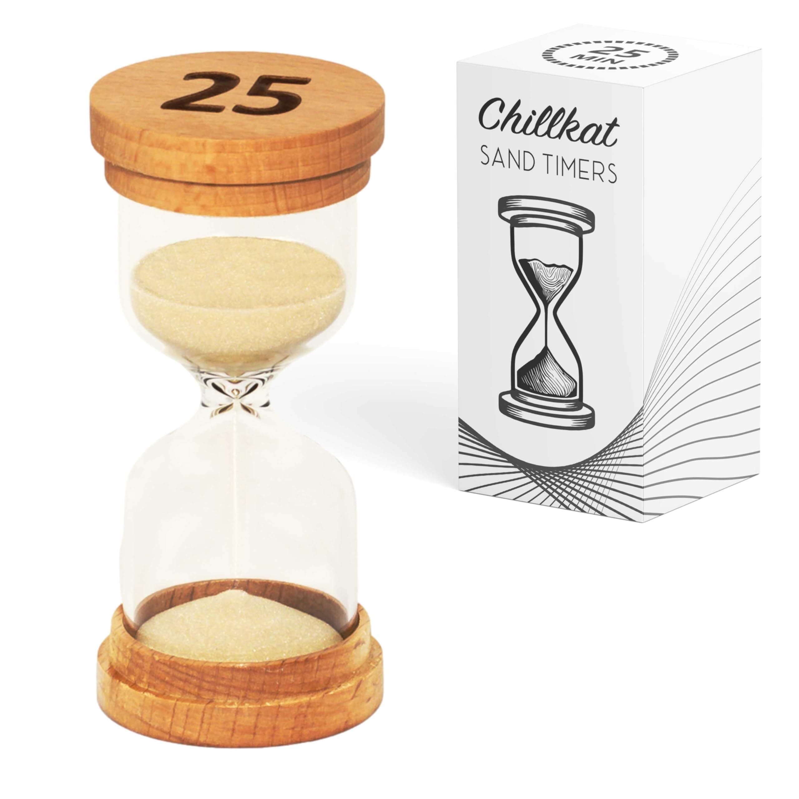 25 Minute Sand Hourglass Timer - Glass Sand Clock 25 Min - Modern Hourglass Watch with Wooden End Caps for Kids, Games, Classroom, Kitchen, Home or Office Decor