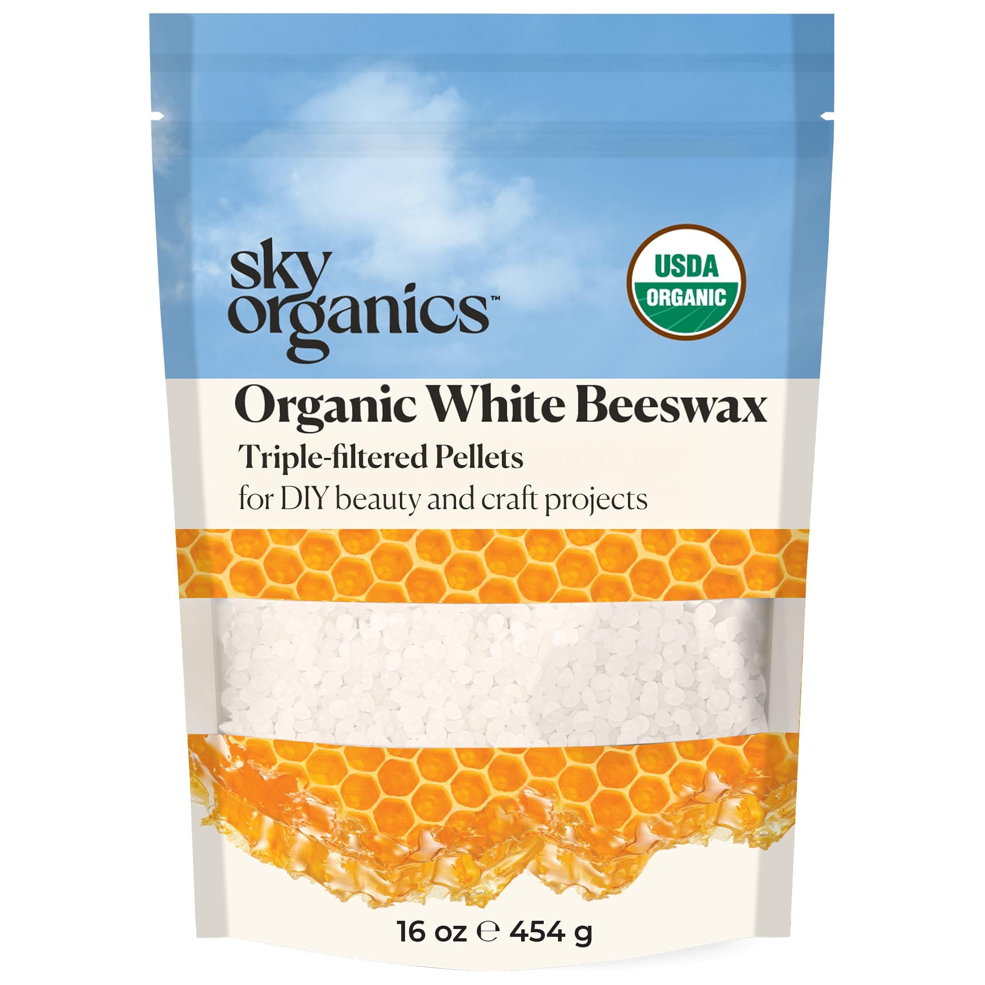 Sky Organics - Organic White Beeswax - DIY Home Essentials - Beauty, Skin Care, & Crafts - Candle Making Supplies - Make Lip Balm, Candles, Soap, Lotion, Cream, Body Butter - Mild Natural Scent, 16oz