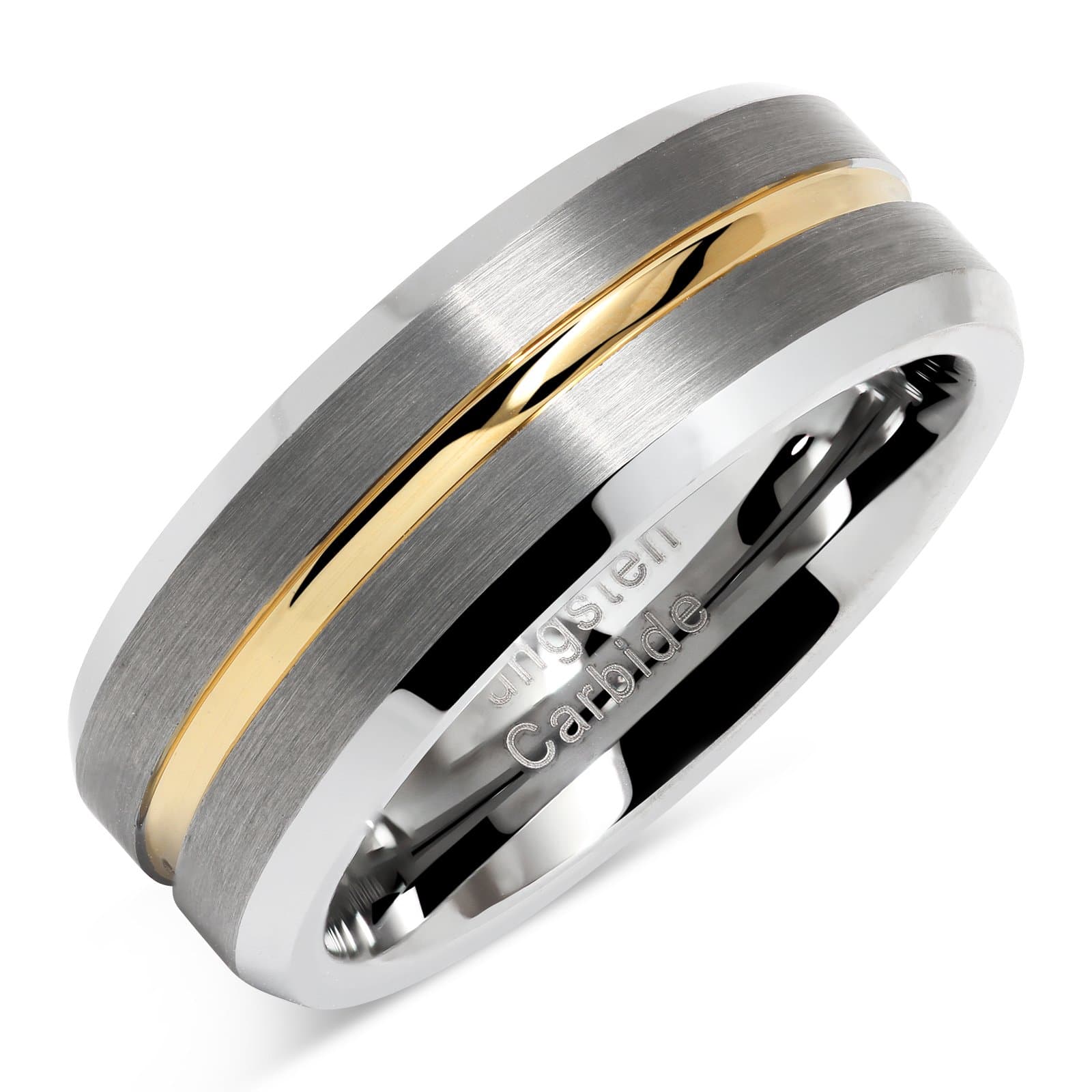 100S JEWELRY Tungsten Rings for Men Two Tone Silver Wedding Bands Gold Grooved Matte Finish Size 6-16
