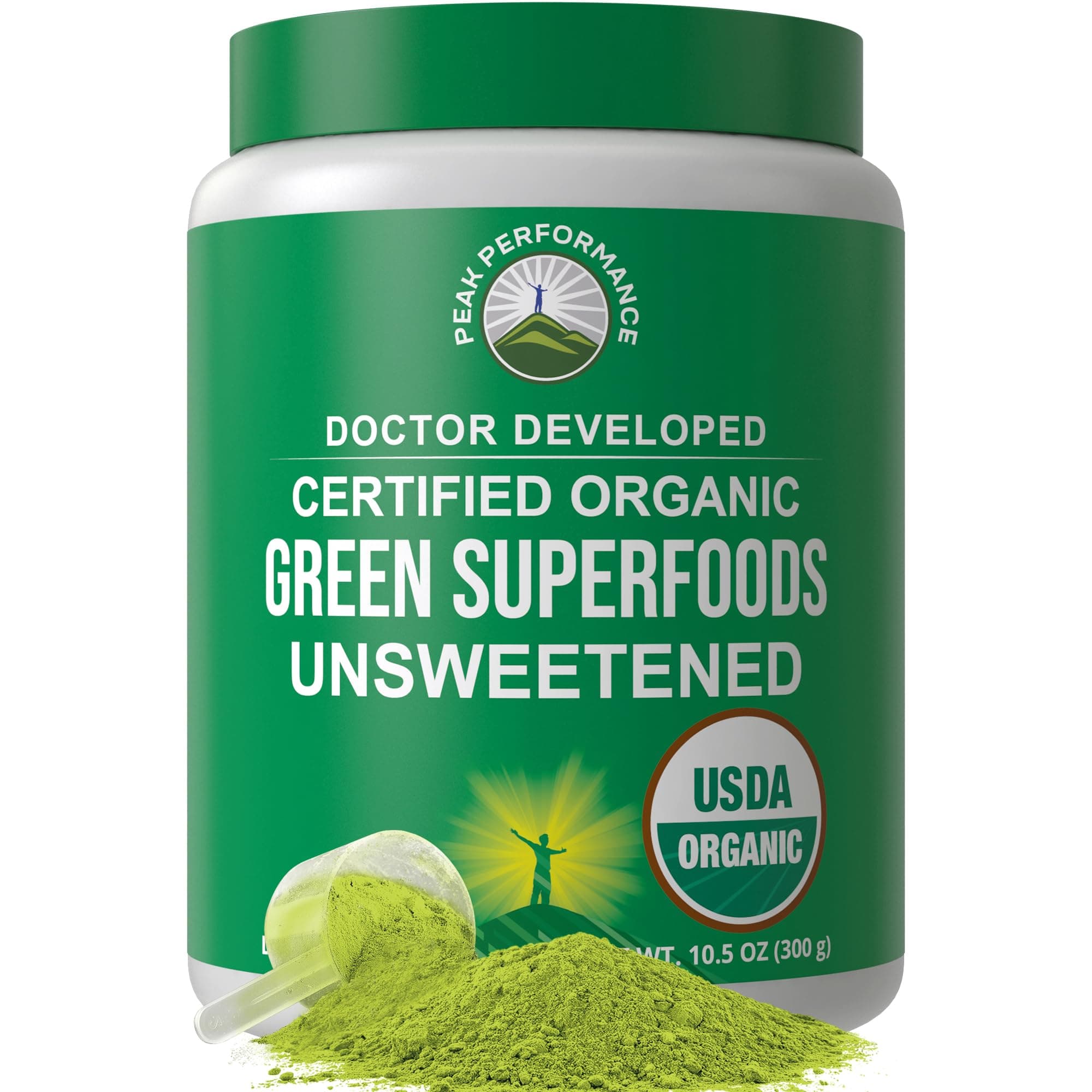 Peak Performance Organic Greens Unsweetened Superfood Powder. Unflavored Green Juice Vegan Super Food with 25+ All Natural Ingredients for Max Energy and Detox. Spirulina, Spinach, Kale, Probiotics