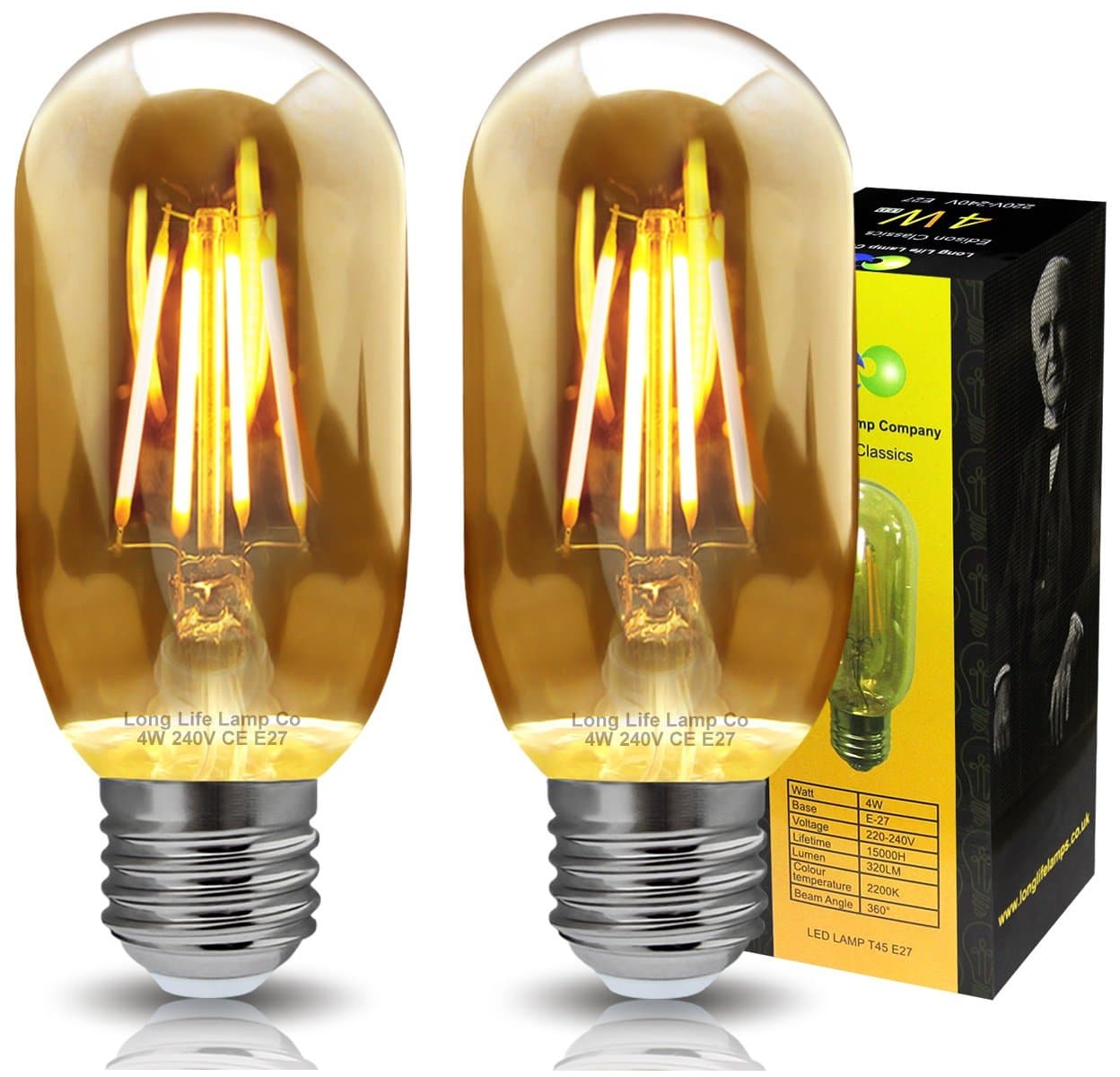 2 Pack Retro Vintage LED 4w Edison Style Filament Tube Bulb Smoked Gold Glass T45 E27 Edison Screw