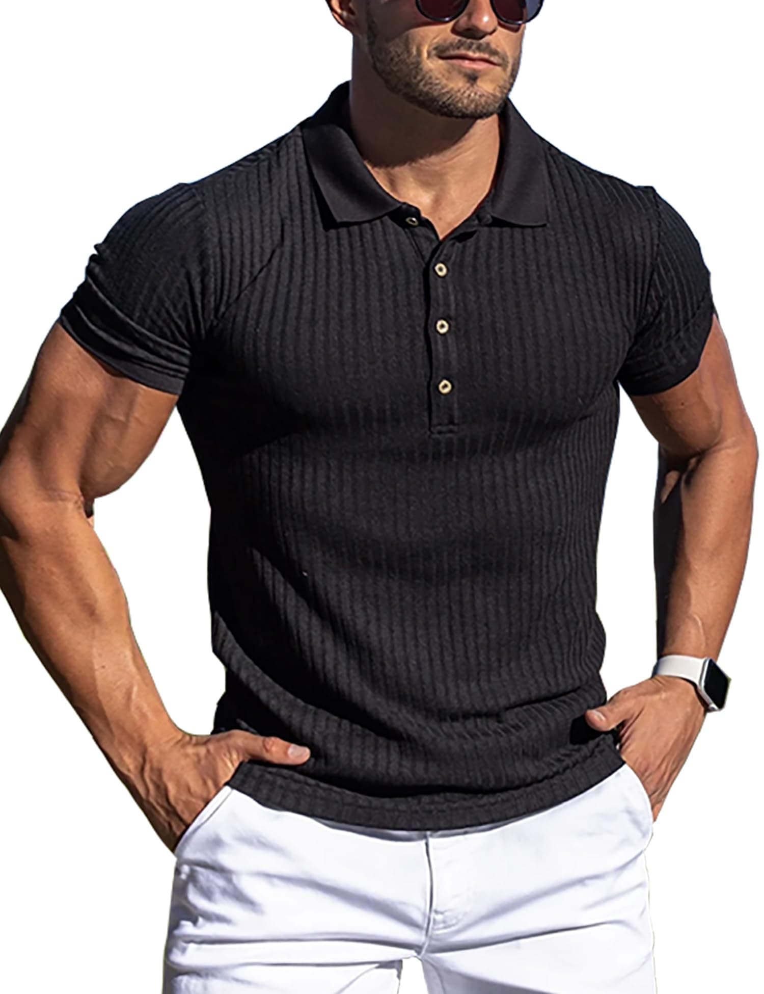 Men's Muscle T Shirts Stretch Short Sleeve Workout Tee Casual Slim Fit Polo Shirt