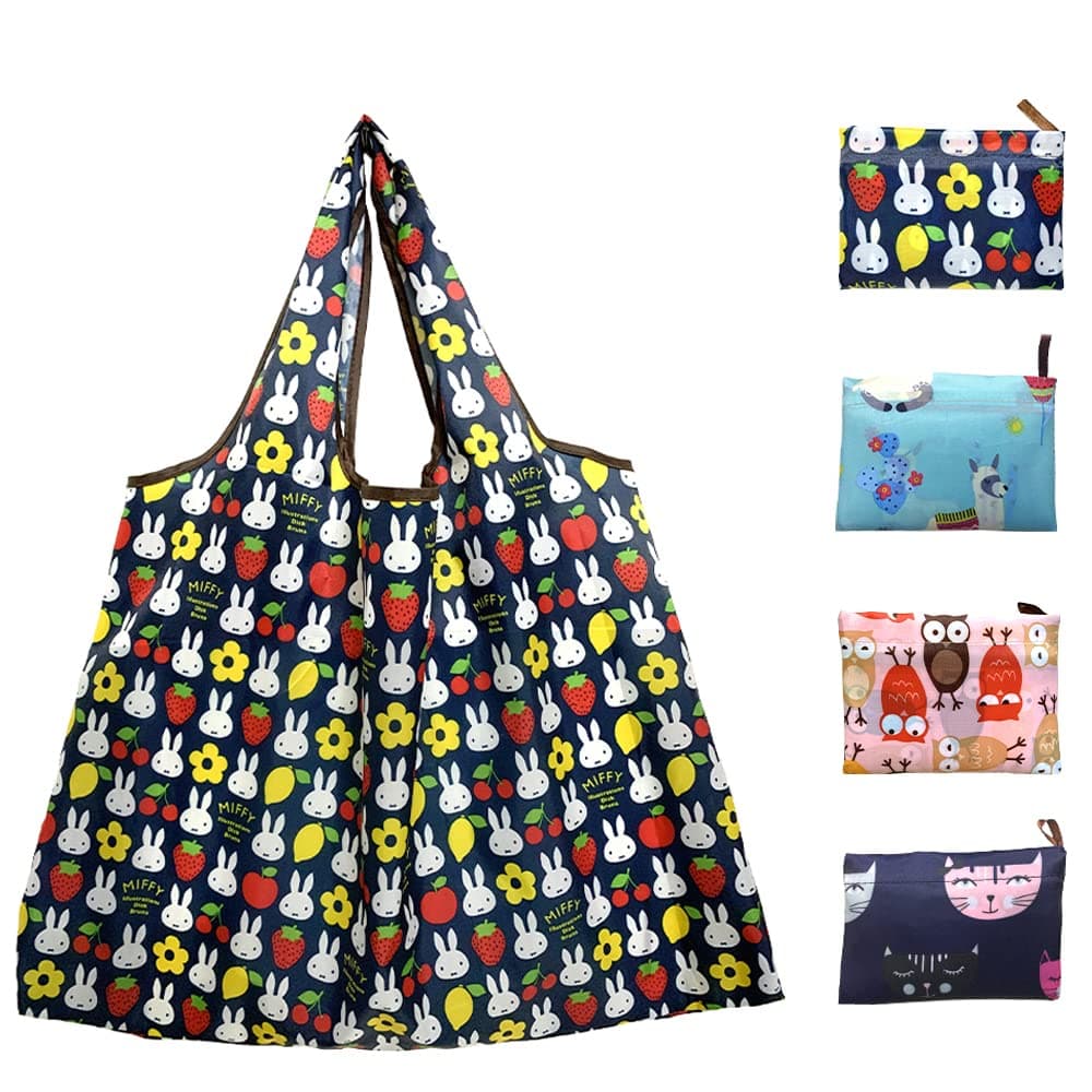 4 Packs Reusable Grocery Bag Large Washable Fold Nylon Shopping Tote Bag