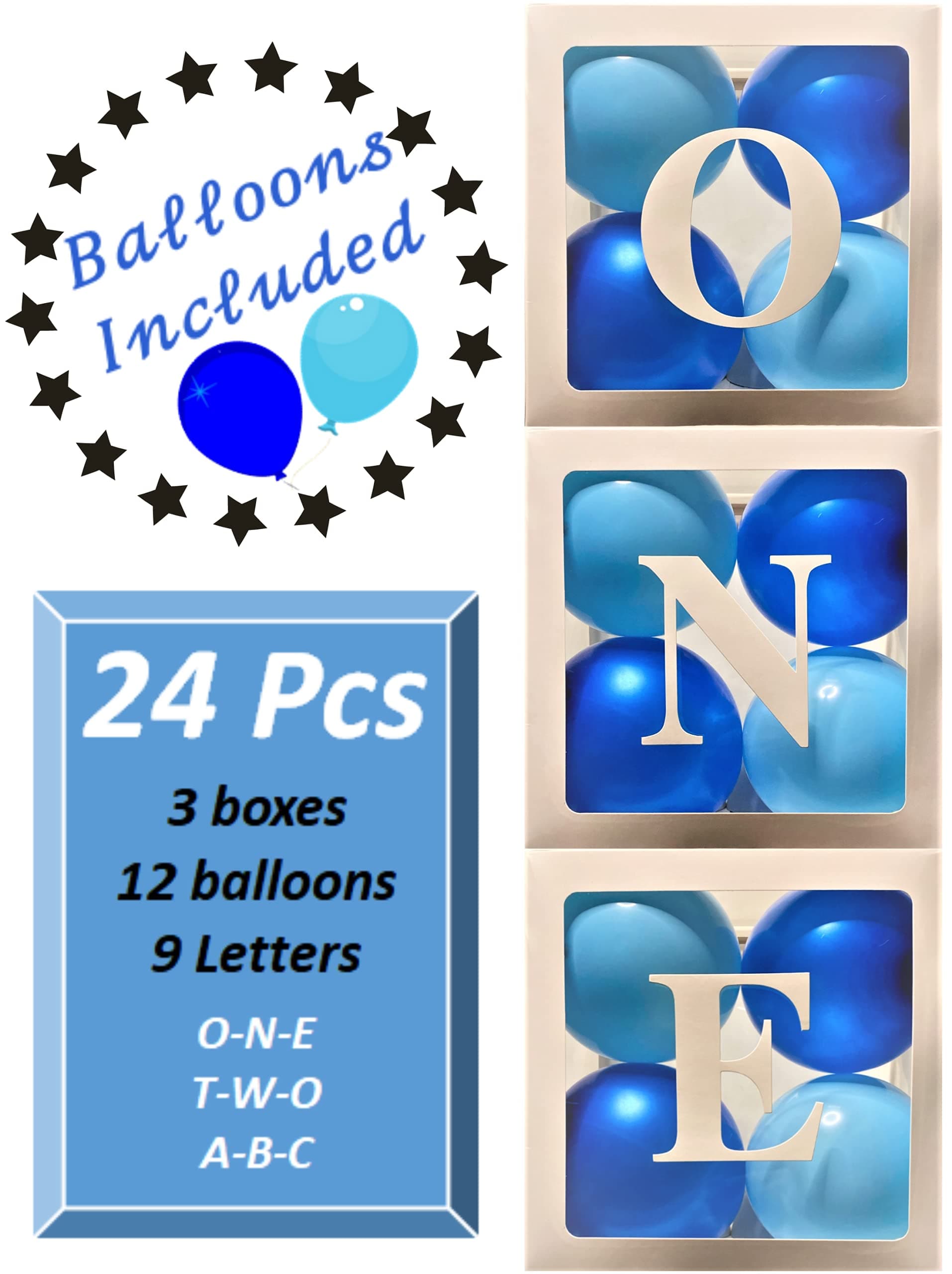 24 Piece Premium Balloon Boxes | Party Decorations | 1st & 2nd Birthday | Baby Shower | ONE, TWO, ABC | Light Blue & Royal Blue Balloons Included | Photo Shoot | Centerpiece | 11.81” Cubes