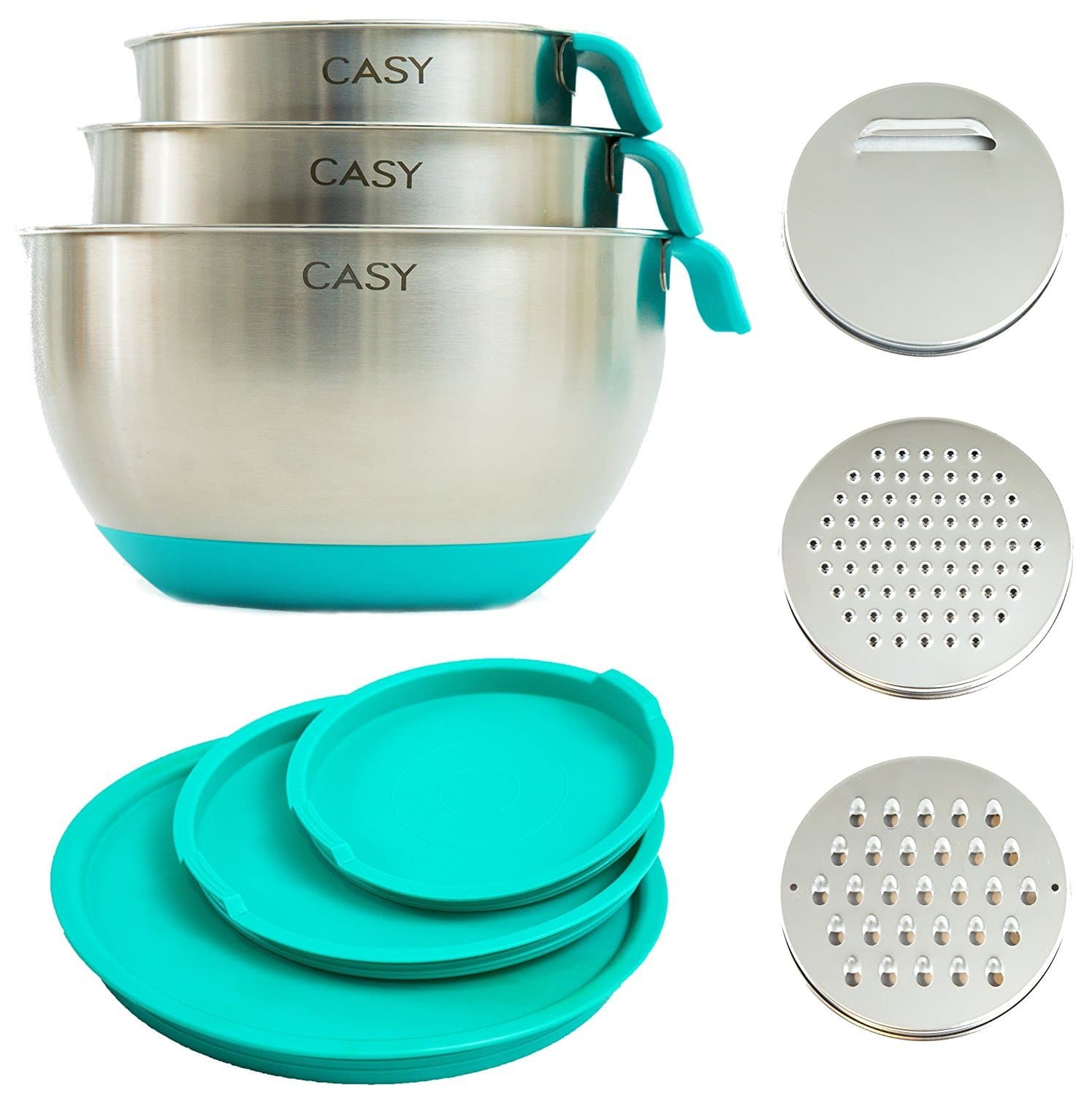 SPECIAL OFFER - 10 PIECE SET - 18/10 Stainless Steel Mixing Bowls with Handles, Lids, Spout, Non-slip Silicone Base, Measurement Scale, 3 Grater Sets and Bonus Recipe eBook