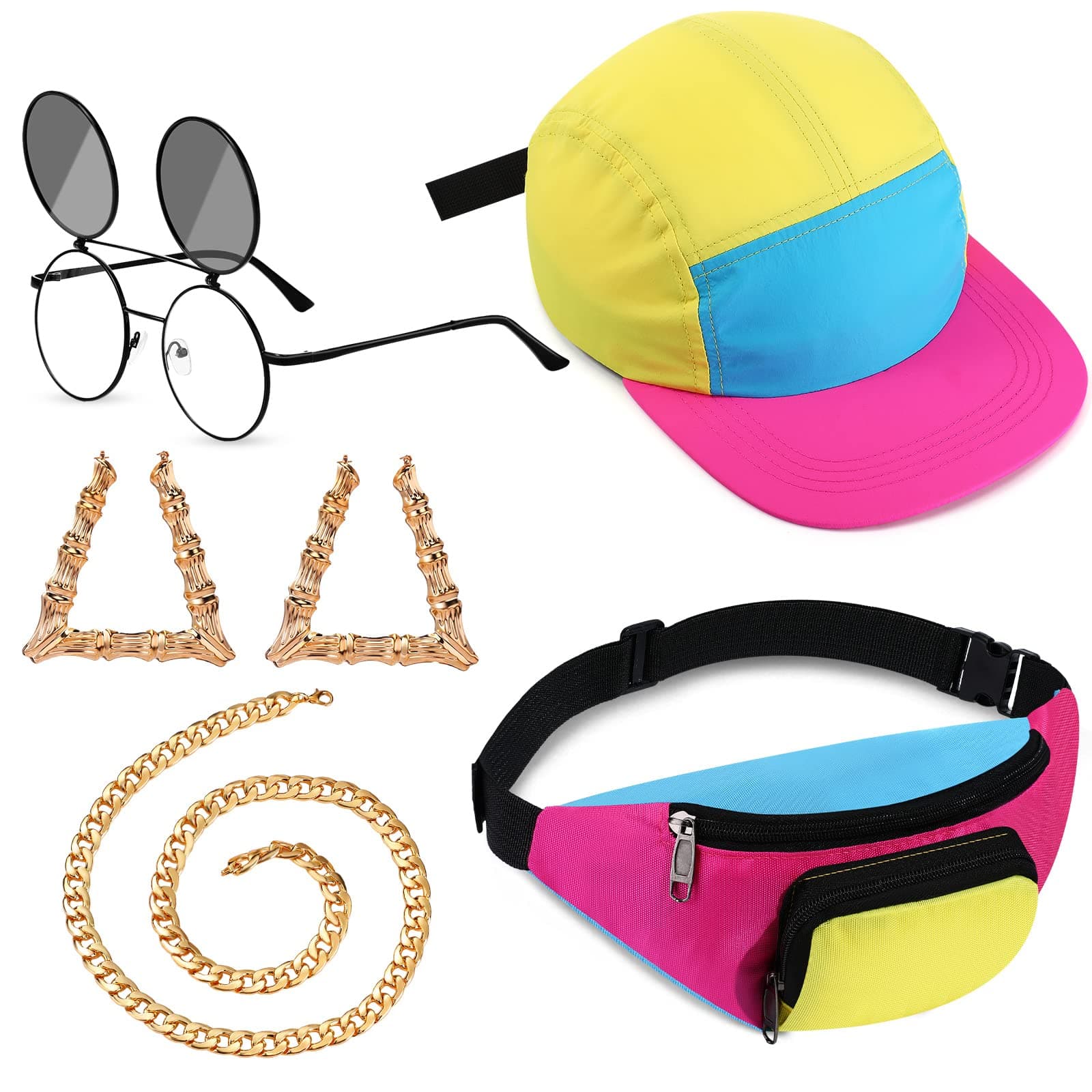 5 Pcs 80s 90s Accessories for Women Men 90s Womens Outfits Hip Hop Neon Fanny Pack Hat Sunglasses Gold Chain Earrings