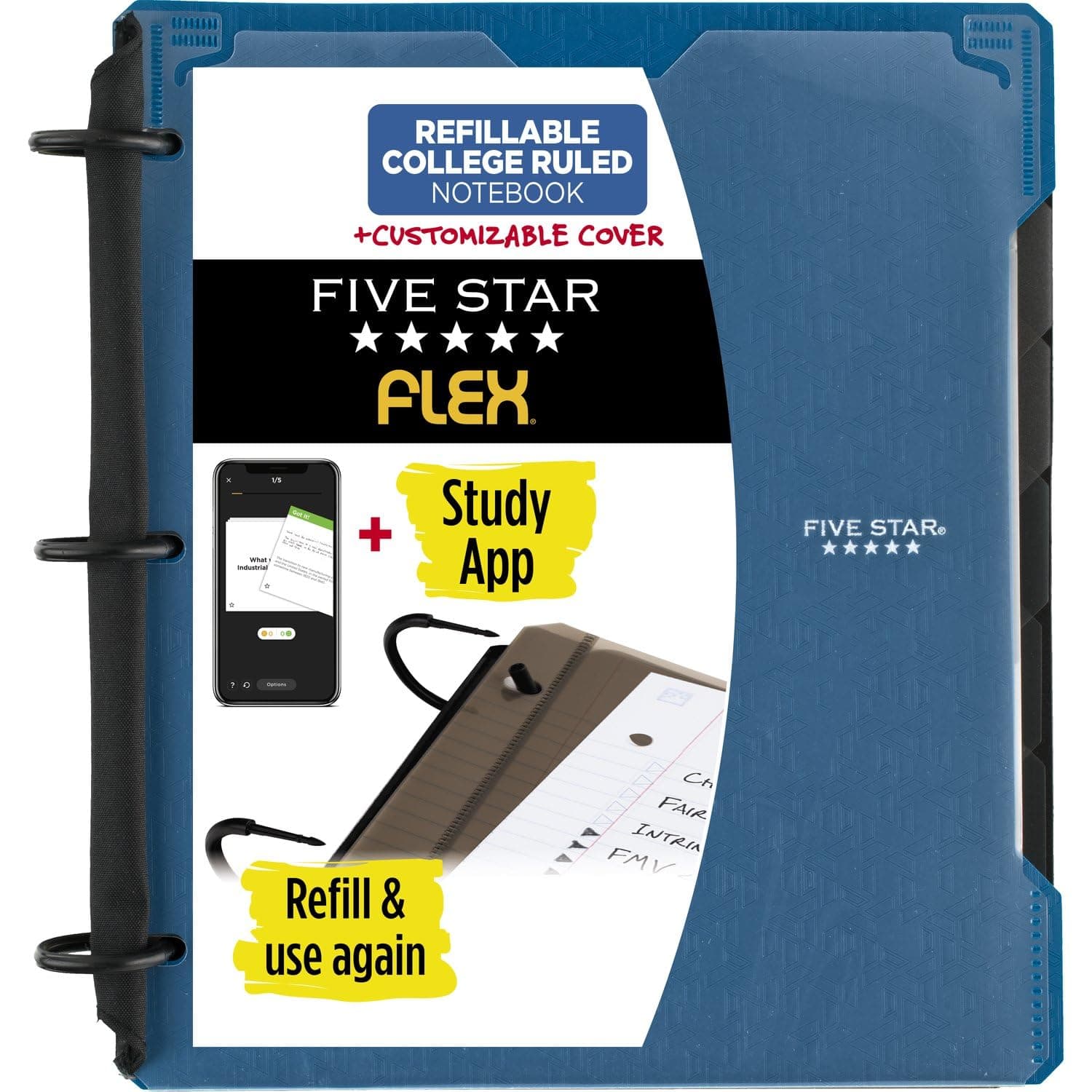Five Star Flex Refillable Notebook + Study App, 1 Inch Binder with Customizable Cover, College Ruled Notebook and 3 Ring Binder, Hybrid NoteBinder, 200 Sheet Capacity, Color Will Vary (29326)