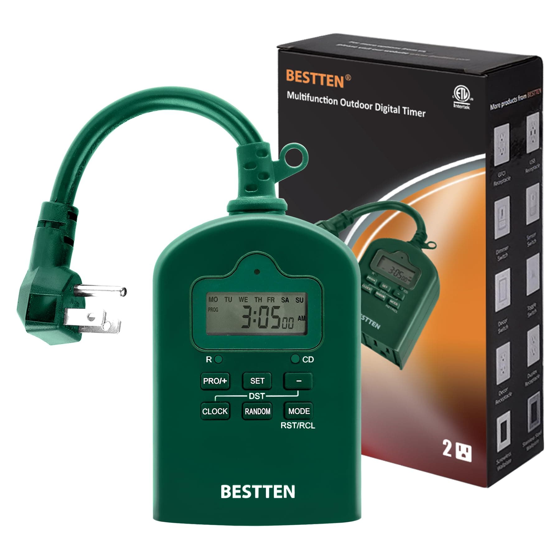 BESTTEN 7 Day Outdoor Digital Programmable Timer with Clock and Push Button, Countdown Timer with Dual Grounded Outlets, Weatherproof, Green, ETL Listed