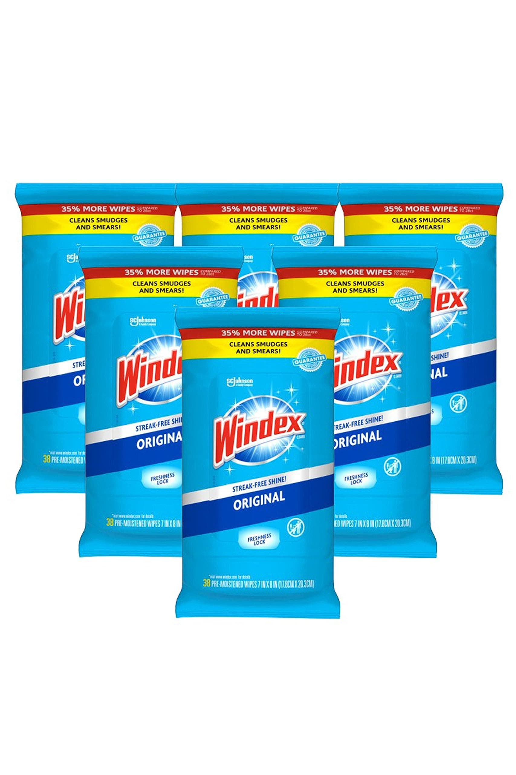 Windex Wipes Glass Cleaning, Pre-Moistened Glass and Surface Wipes to Clean Home Surfaces, Household Essentials, Original Scent, 38 Count (Pack of 6)
