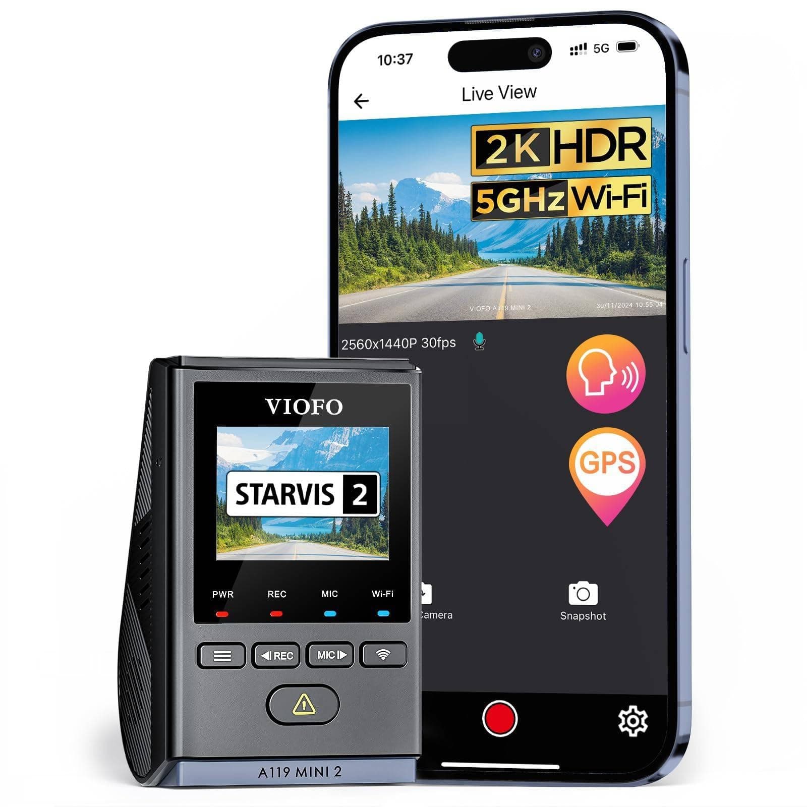 - VIOFO Dash Cam A119 Mini 2, STARVIS 2 Sensor, 2K 60fps/HDR 30fps Voice Control Car Dash Camera with 5GHz Wi-Fi GPS, Night Vision 2.0, 24H Parking Mode, Supercapacitor (SD Card Not Included)