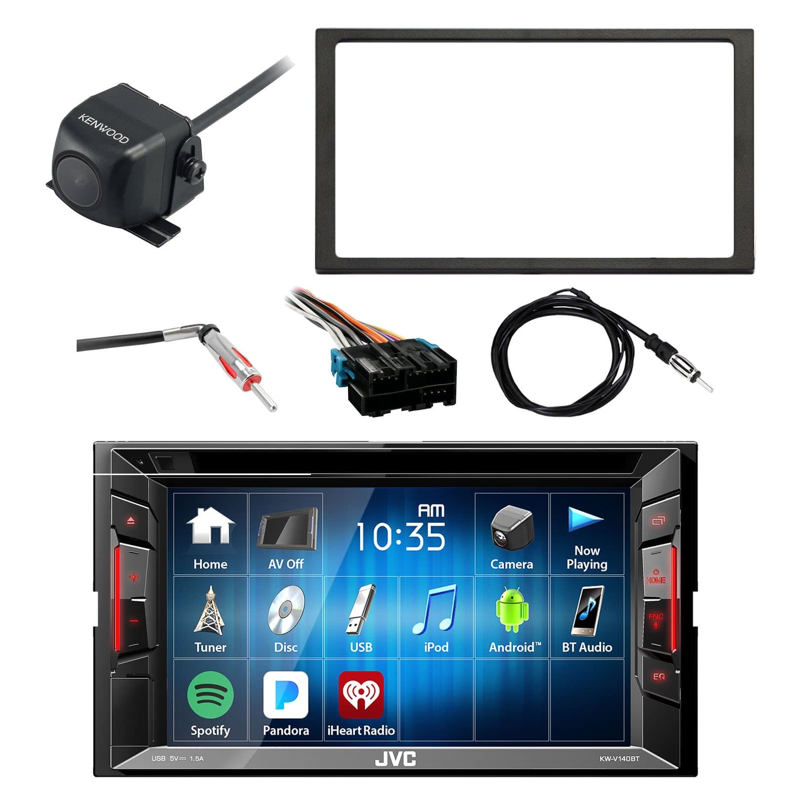 JVC KWV140BT 6.2 LCD Bluetooth CD DVD Car Stereo Receiver Bundle Combo with Waterproof Rearview Backup Camera + Dash Kit + Wire Harness for GM Vehicles + Enrock 22 AM/FM Radio Antenna with Adapter