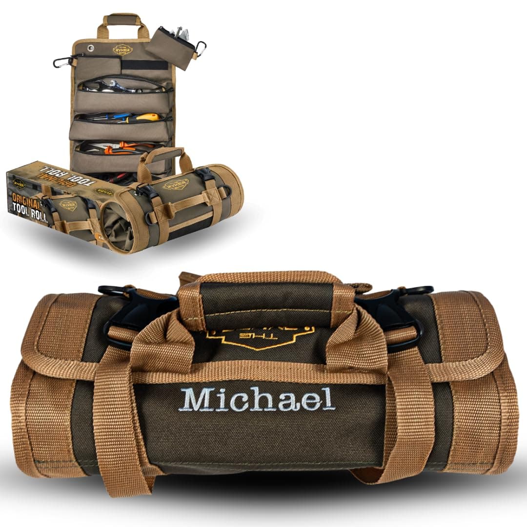 The Ryker Roll Up Tool Bag Organizer - Personalized Customized Name Gifts for Him/Men/Dad Gifts Roll Up Small Tool Bag Organizer Tools Bags gift for Mechanic, Electrician, Plumber or Hobbyist