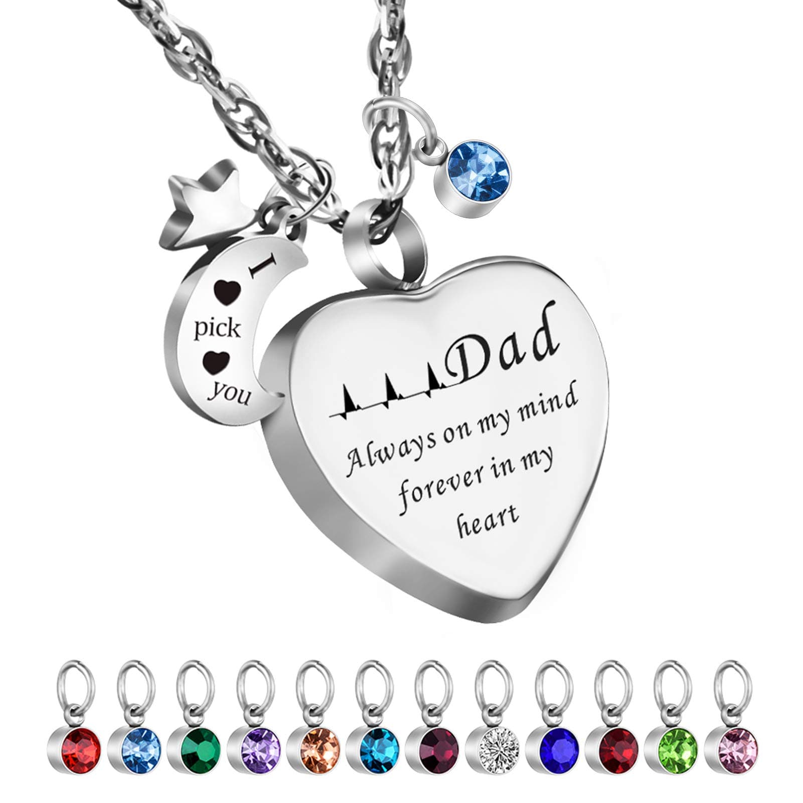 Cremation Urn Necklace with 12 Birthstones Heart Memorial Keepsakes Pendant Ashes Jewelry-Dad Always on My Mind, Forever in My Heart