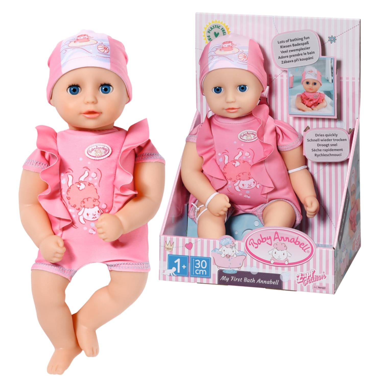 My First Bath Annabell 707227-30cm Doll with Waterproof Body for Toddlers - Includes Swimsuit & Hat - Hand Washable - Suitable from 3 Years, Multicolor