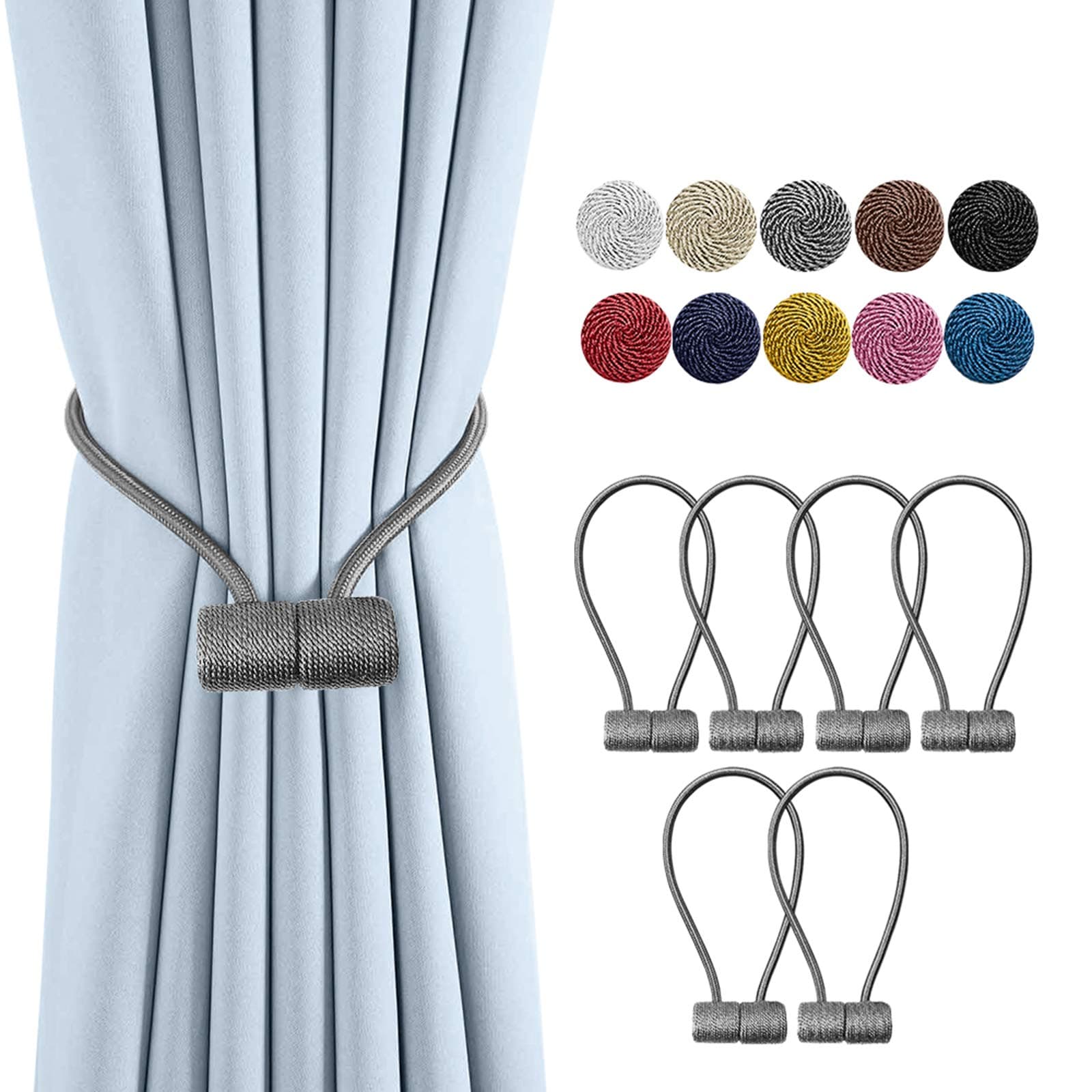 Remunkia Magnetic Curtain Holdbacks Drapery Tiebacks: 6Pack 16 Inch Tie Backs Holdback for Blackout Sheer Window Treatment, Grey, Upgrade