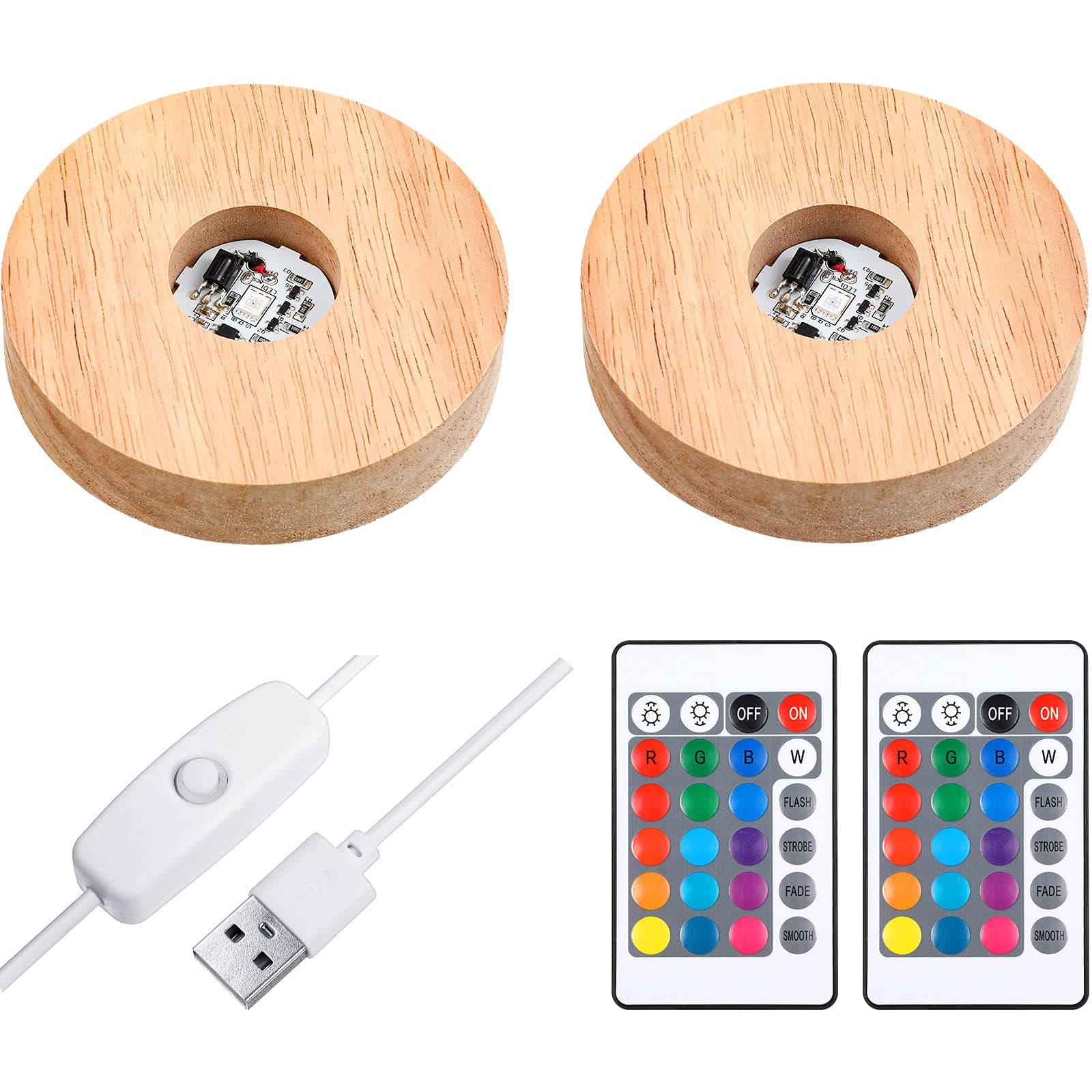 Mudder 2 Pcs Light LED Base Wood LED Display Base for Glass Art Decor Crystal Acrylic Resin, 16 Colored USB Light with Remote Wooden Round Lamp Stand for 3D Crystal Ball Room Home Decor(Wood Color)