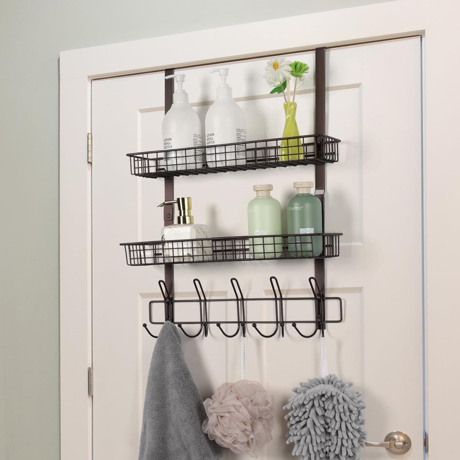 smusei Over The Door Basket Organizer 2 Tier Over The Door Hooks Storage Rack Heavy Duty Pantry Organizer with 2 Basket and 10 Hooks Door Back Metal Wire Basket for Kitchen, Bathroom, Office, Brown