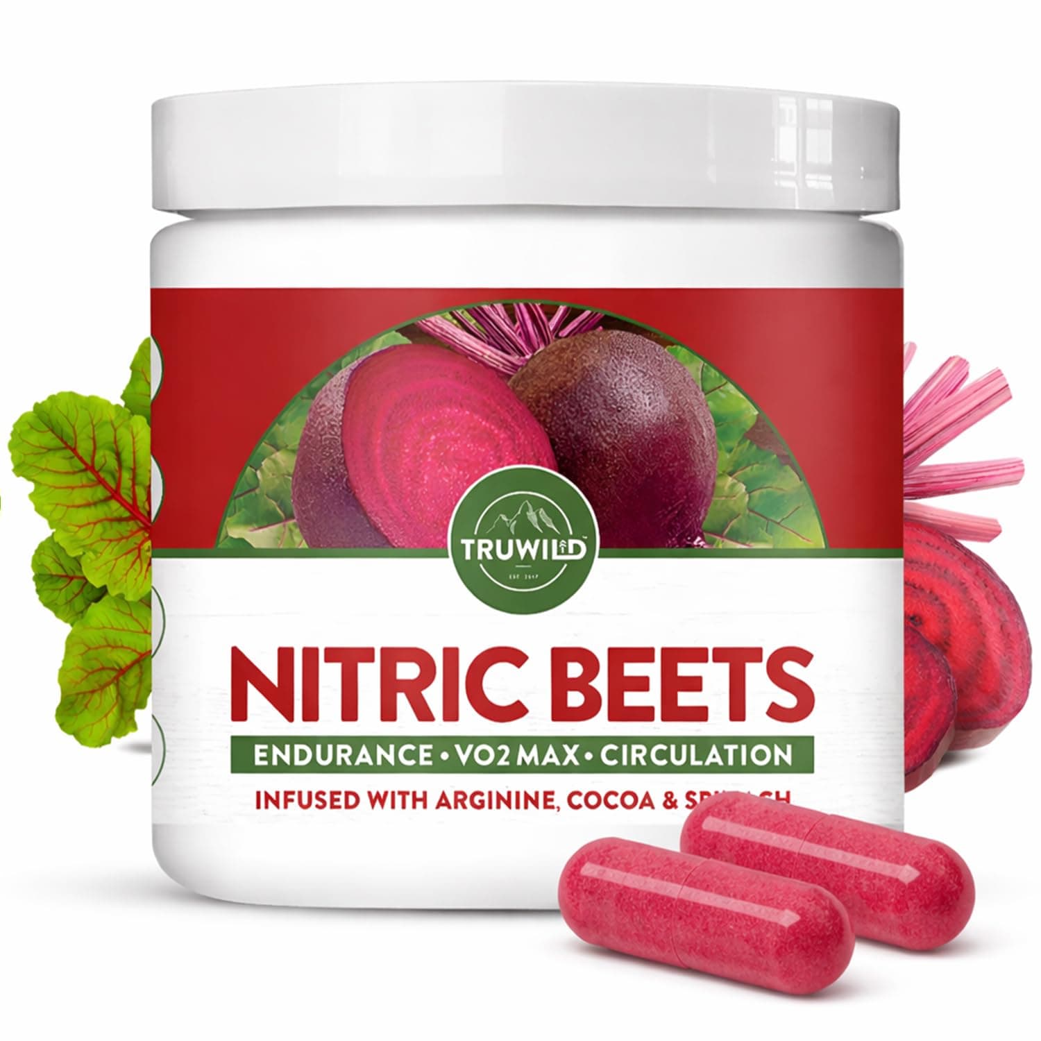 TruWild All Natural Beet Root Powder, Nitric Oxide Booster, 1000mg, Vegan Superfood Capsule Supplement, Beetroot Extract Supports Overall Health, Performance & Stamina, 30 Servings