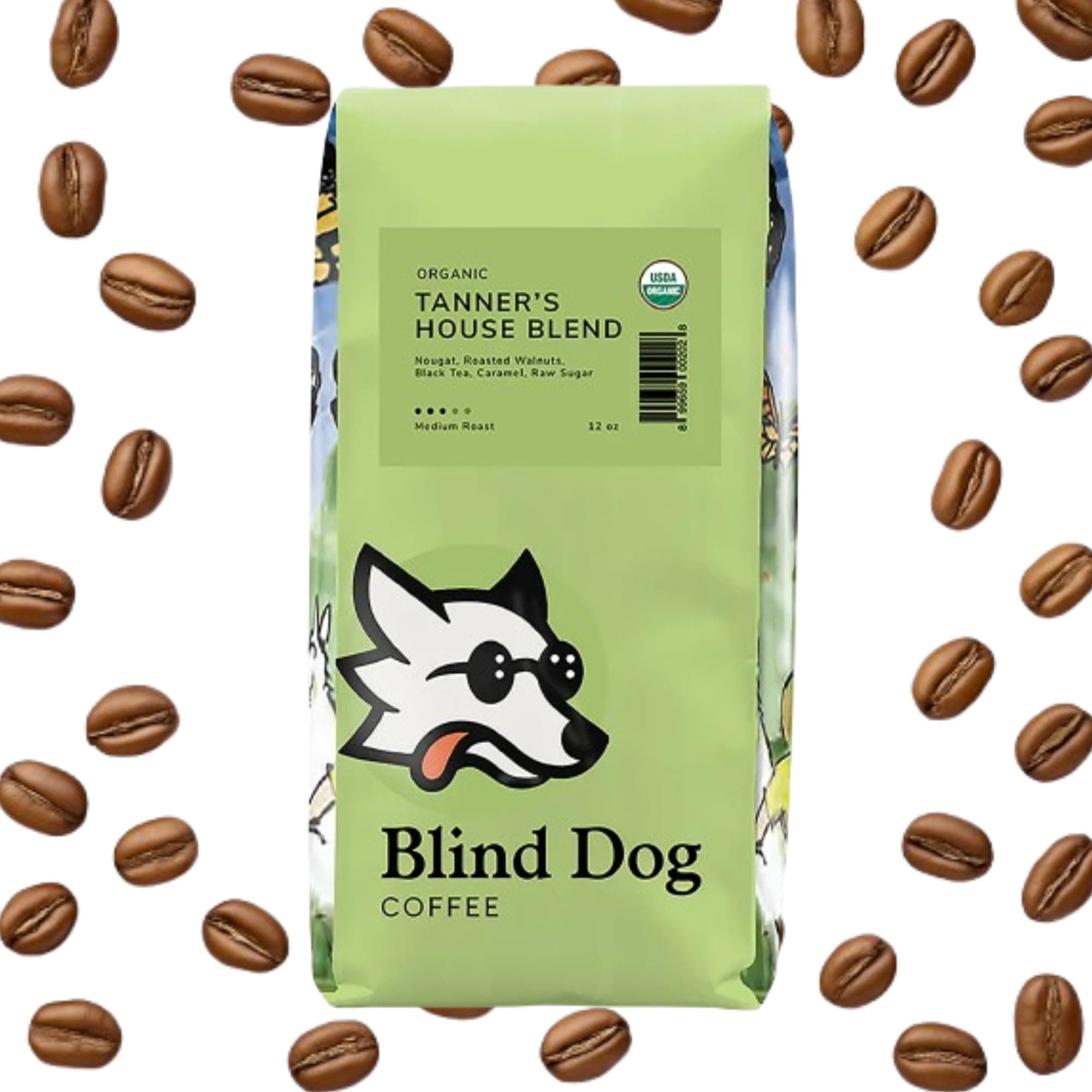Blind Dog Coffee - Tanners House Blend Whole Bean - Medium Roast - Caramel & Chocolate Flavored Coffee - USDA Organic & Gluten Free - Perfect Brew start your Day - 12 OunceUSDA Organic