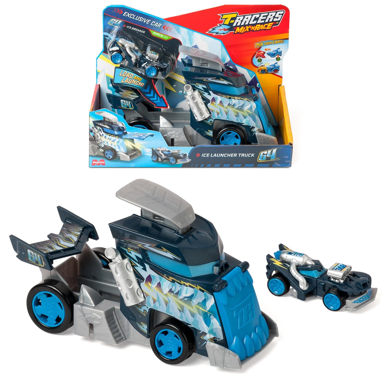 MIX´N RACE Ice Launcher Truck – Launcher truck with ice details. Includes 1 exclusive T-Racers vehicle - press the trigger to launch. Compatible with other T-Racers Mix ´N Race