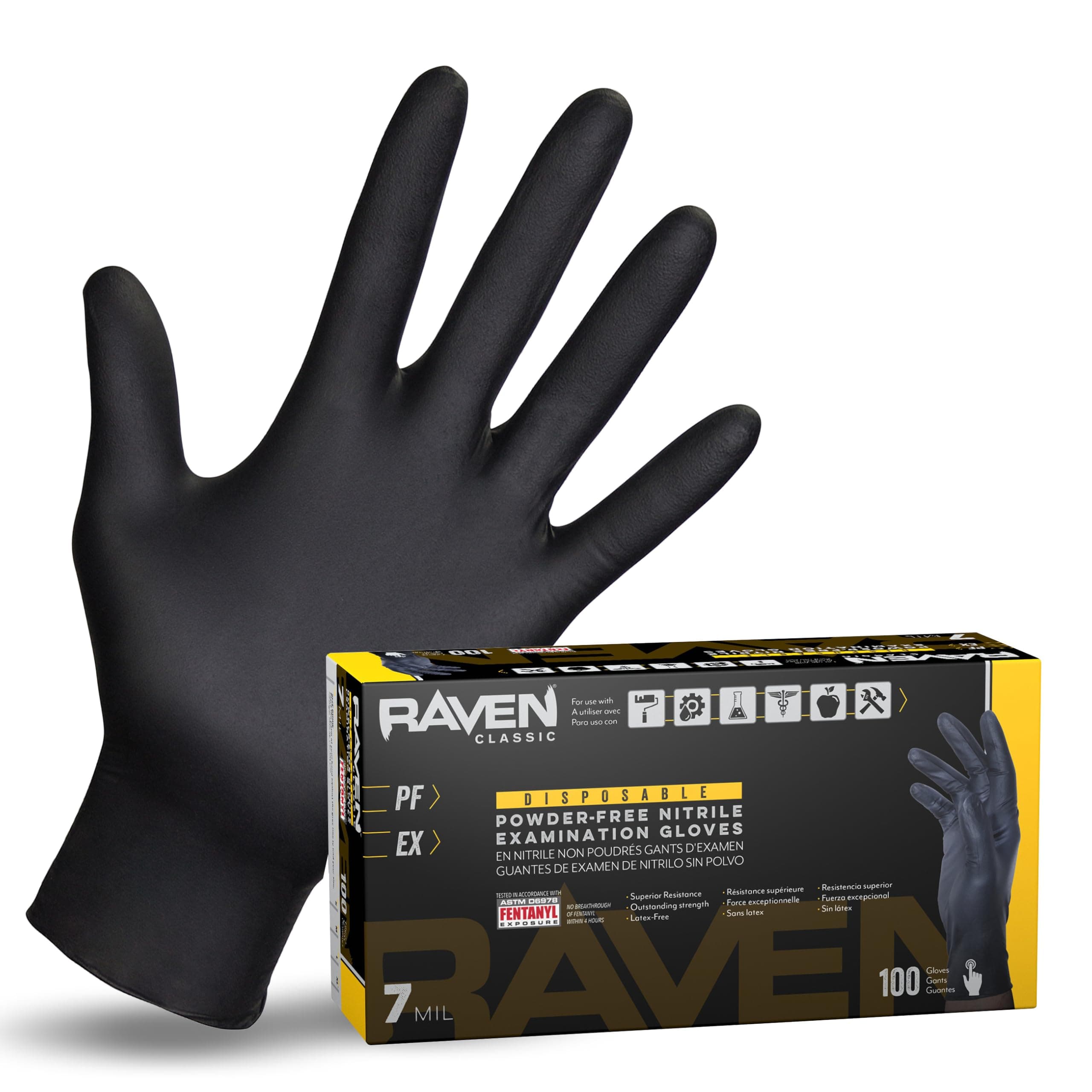 Raven Powder Free Nitrile Disposable Gloves | 7 Mil - Med | Latex Free, Chemical + Puncture Resistant, Textured Grip, Single Use | for Automotive, Industrial, Janitorial, MRO, Food Service | 66517