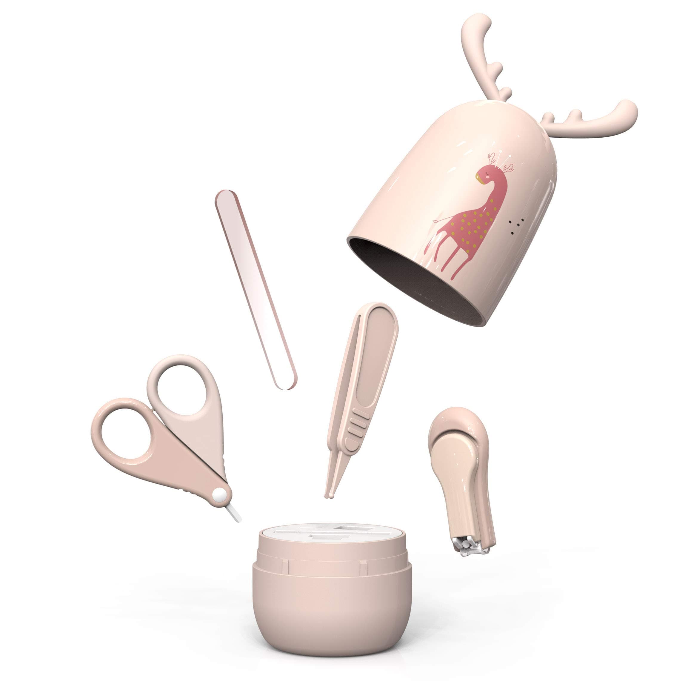 ARRNEW 4-in-1 Baby Nail Clippers Set | Kids Nail Clippers Kit, Baby Nail File, Baby Nail Scissors & Tweezers | Baby Registration Gift for Newborn, Toddler and New Moms (Pink Deer)