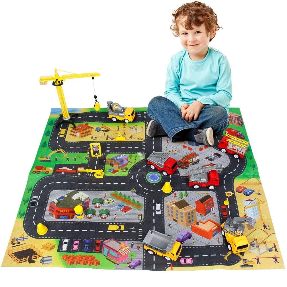 Toy Cars Play Mats for Kids-Mini Pull Back Toy Trucks and Crane Toy Role Play Educational Toys for Kids 3 4 5 Year Olds Boys Girls(79*69.5 cm Play Mat)