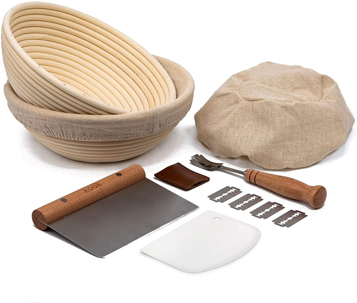 KooK Proofing Set, , Sourdough Bread, 2 Rattan 9 Inch Banneton Baskets, 2 Basket Covers, Metal Scraper, Plastic Scraper, Scoring Lame, 5 Blades and Case, Baking Kit, Dough Bowls, Round Shape