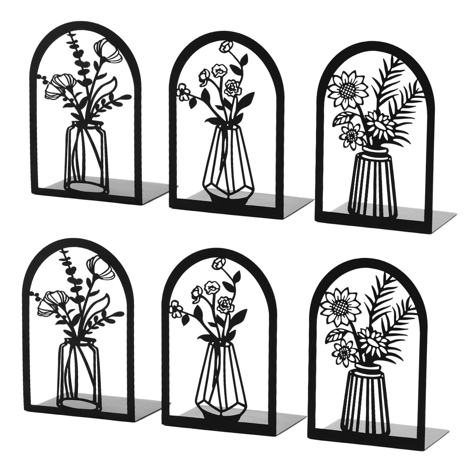 3 Pair Metal Bookends,Decorative Book Ends for Shelves,Non-Slip Book Stopper for Heavy Books,Flower Shelf Holder for Home School Office