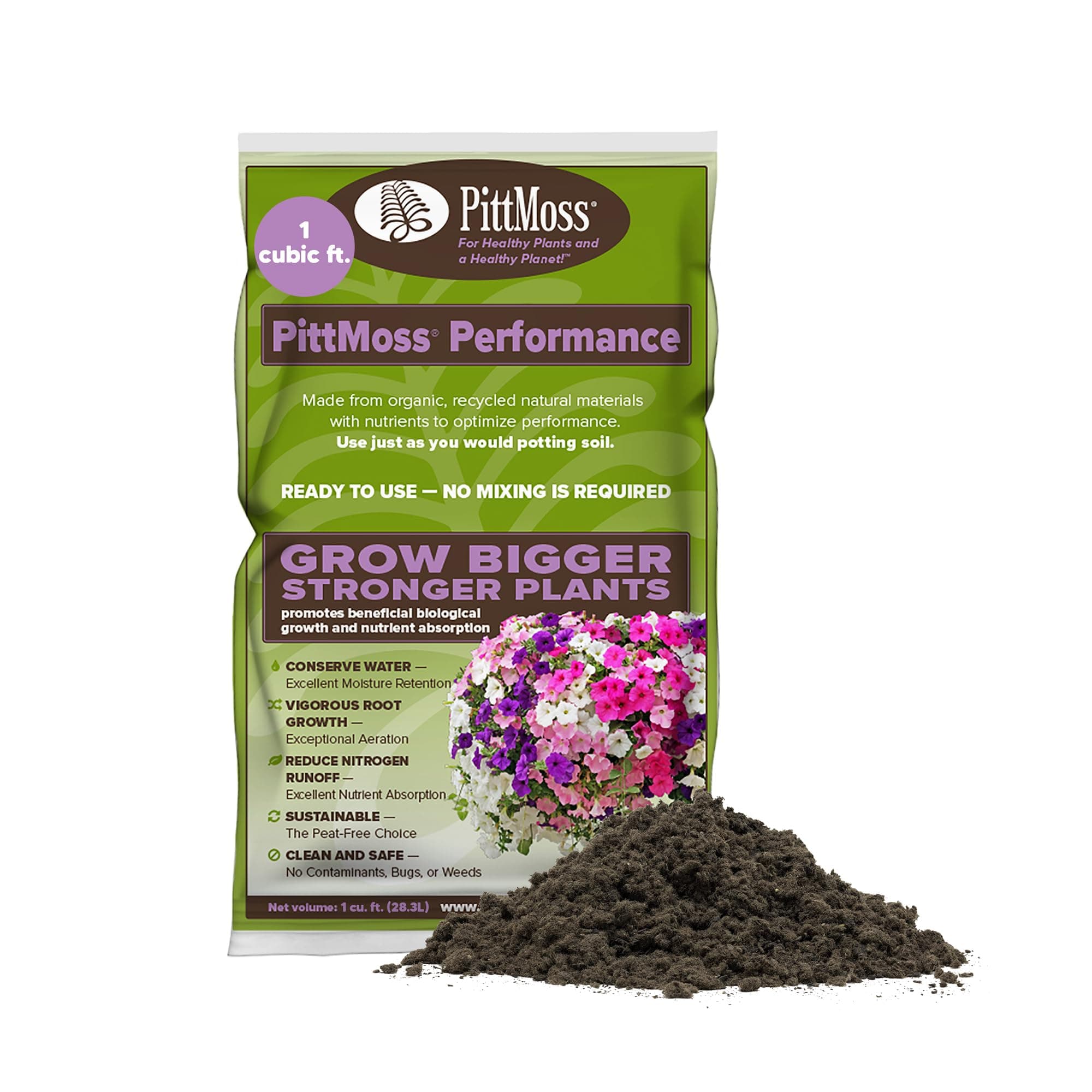 PittMossPerformance Eco-Friendly, Peat-Free Potting Mix, 1 Cubic Foot - Enhanced with Controlled Release Fertilizer for Gardens, Houseplants & More - Made in USA from Recycled Paper