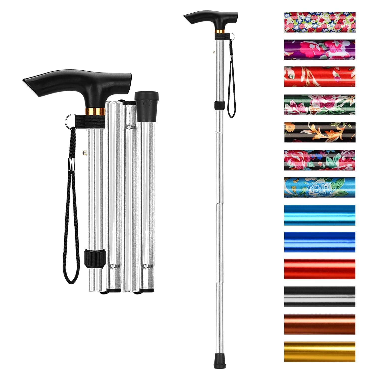 supregear Folding Cane, 5-Level Adjustable Height Walking Stick Lightweight Collapsible Portable Travel Cane with Wrist Strap and T Handle for Elderly Disabled Men Women