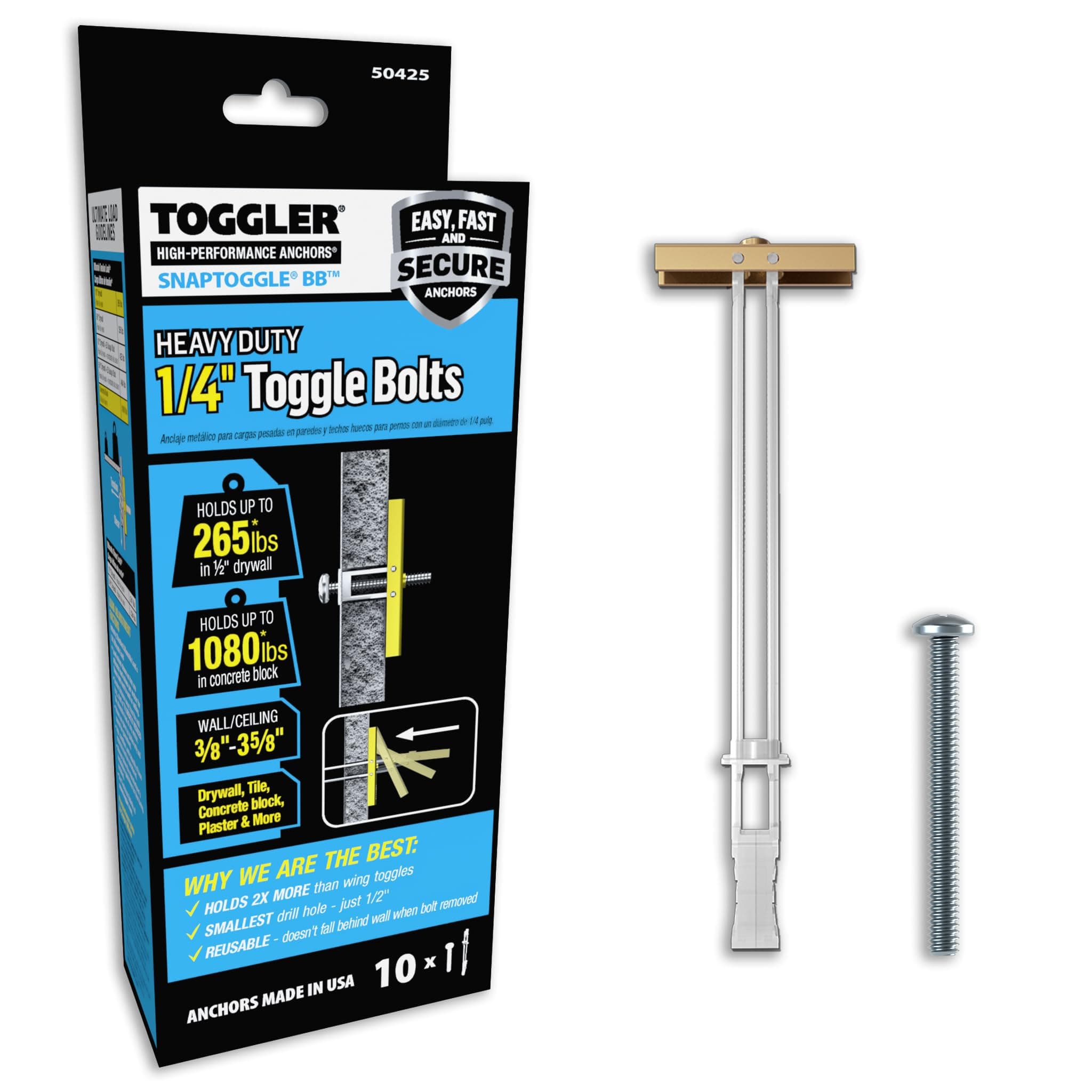 SNAPTOGGLE BB Toggle Anchor with Bolts, Zinc-Plated Steel Channel, Made in US, 3/8" to 3-5/8" Grip Range, For 1/4"-20 UNC Fastener Size (Pack of 10)