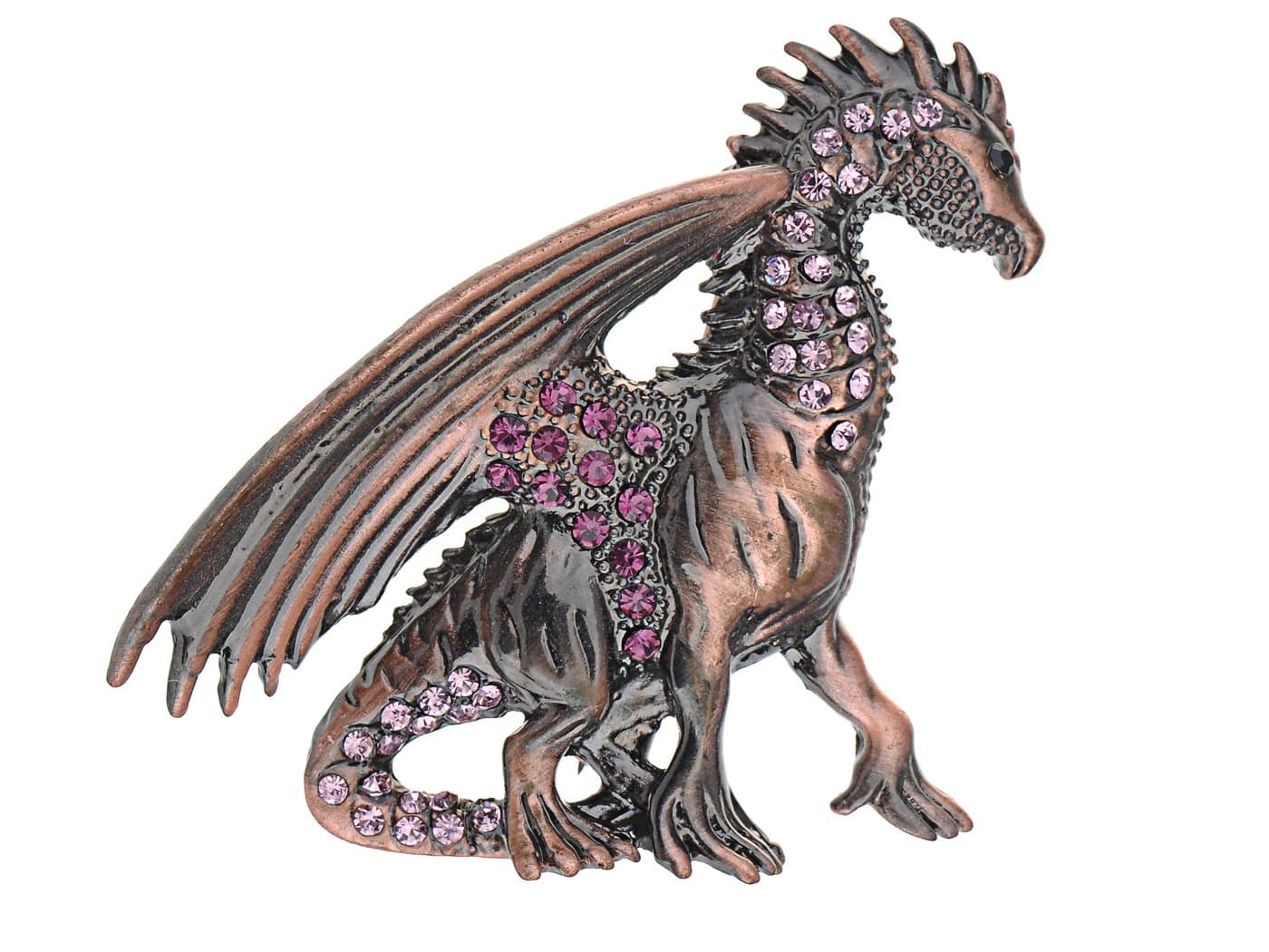 Antique Rust Gunmetal Fantasy Renaissance Medieval Dragon Pink Crystal Rhinestone Brooch Pin