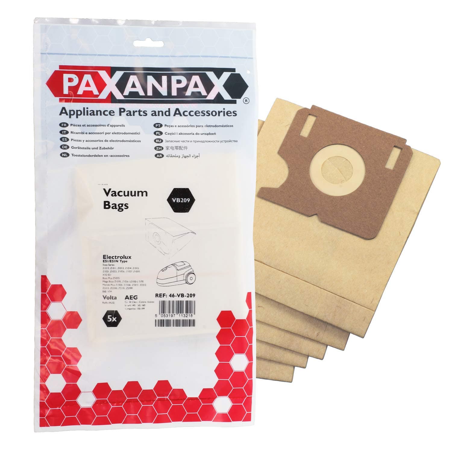 PaxanpaxVB209 Compatible Paper Vacuum Bags for Electrolux 'E51/E51N, Elite, Z2320, Z2330, Filio Z1905, Mega Boss, Mondo Plus, Z2300-Z2315, Xio Z1005-1030 Series (Pack of 5), Brown