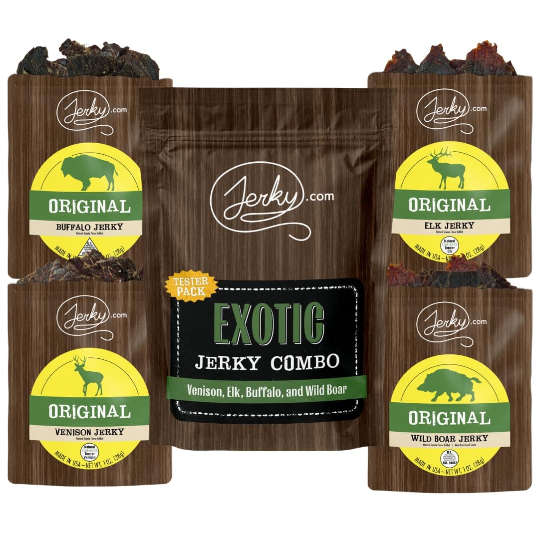 Jerky.com Exotic Jerky Variety Pack | 4pc Wild Game Snacks Sampler with Venison, Elk, Buffalo & Wild Boar | High Protein, Keto, Exotic Jerky Gifts for Men | Gifts for Men & Hunters