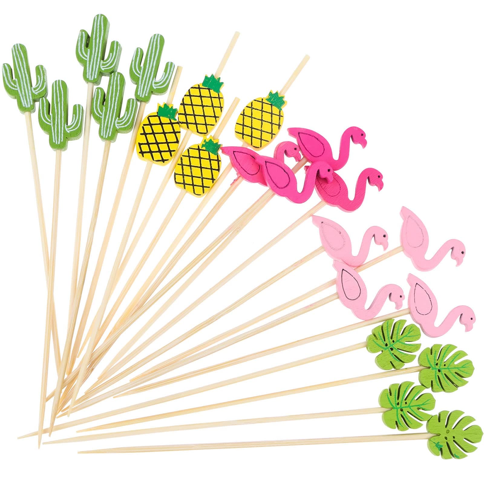 Beupy 200 Pieces Cute Cocktail Picks for Drinks Wooden Cactus Shaped Fruit Picks Palm Leaf Cake Topper Flamingo Snack Picks 4.7 Inch Food Picks Pineapple Appetizer Picks for Party Cake Decorations