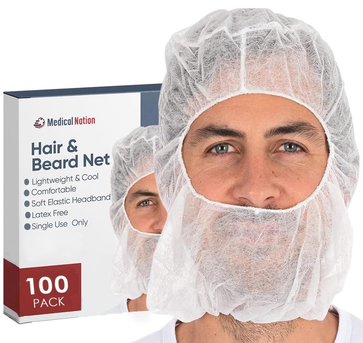Medical Nation Hair Net and Beard Net | 100 Pack, White | Disposable Protective Hairnets and Beard Net Combo for Full Face, Hairnets Food Service, Disposable Hoods Perfect for Work, Lab, Cooking