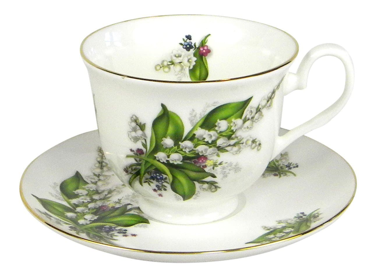 Crown Trent Lily of the Valley Gold Rimmed Teacup and Saucer Set Fine Bone China