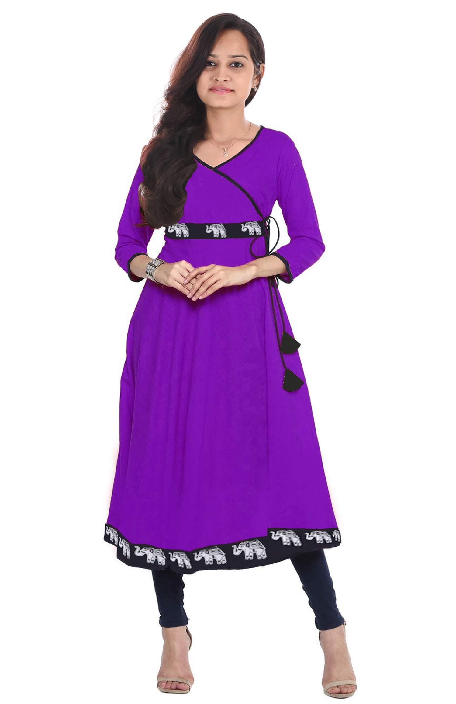 Indian Women's Long Dress Animal Print Kurti Tunic Party Wear Frock Suit Purple Color