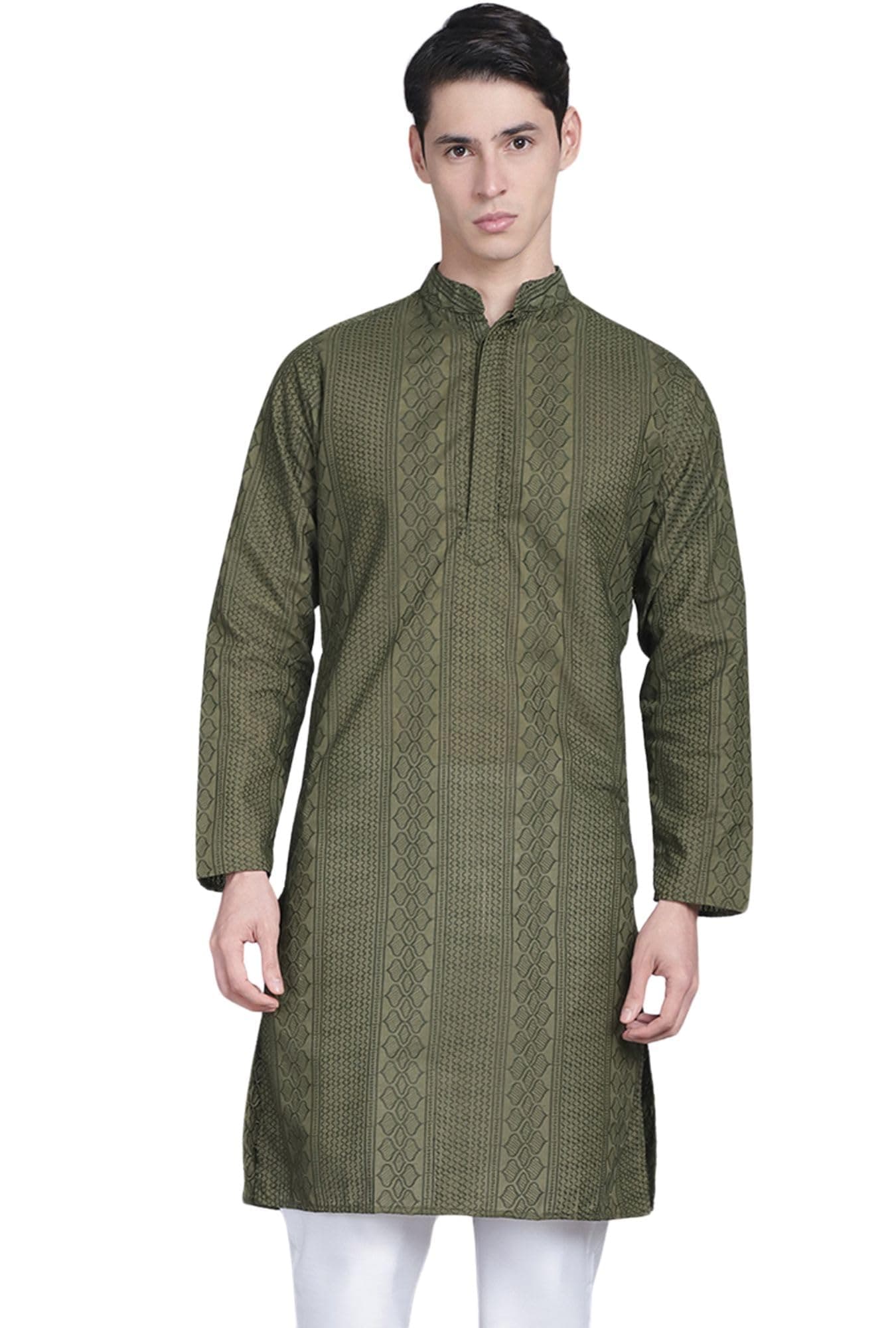 Majestic ManMen Cotton Blend Chikankari Embroidered Ethnic Motifs Double Plaket Regular Kurta