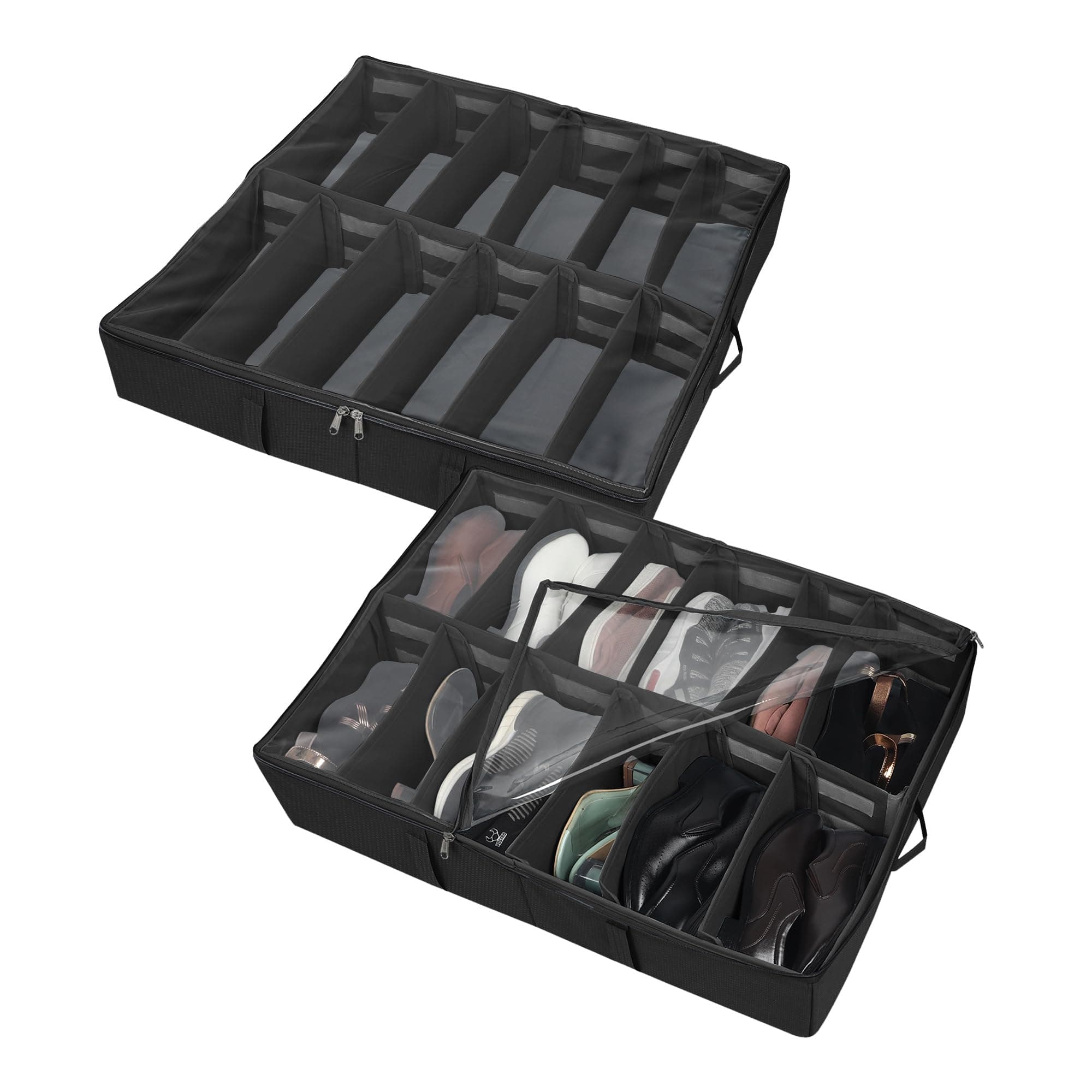 DOUBLE R BAGS Under Bed Shoe Organizer with Zipper | 12 Compartments | Dustproof Space-Saving Storage Box for Sneakers, Heels & Boots | Polyester Black (72x61x13 cm) Pack of 2
