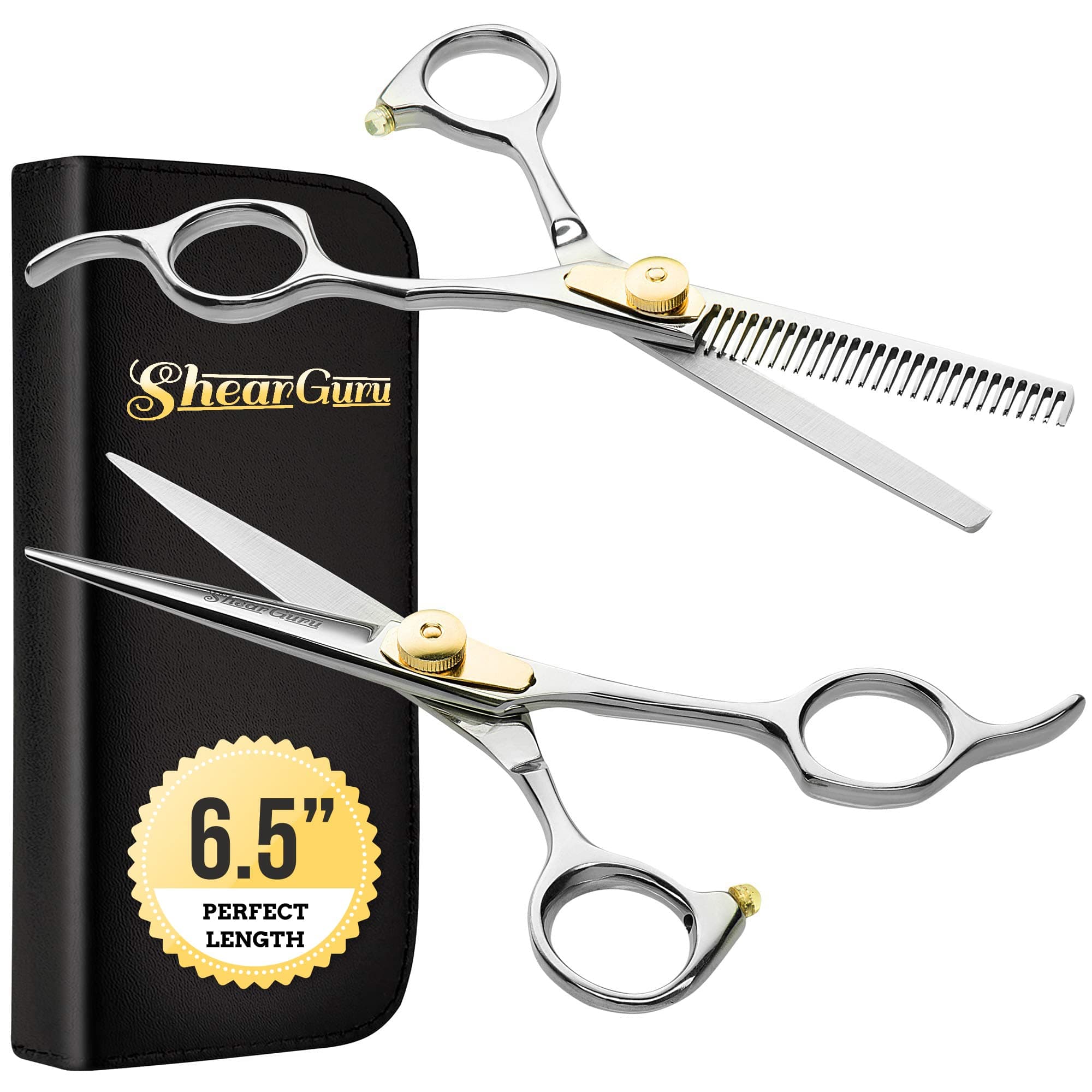 ShearGuru Professional Barber/Salon Scissor Hair Cutting Set - 6.5"-Straight Edge Razor Sharp Scissor + Texturizing Thinning Shears Styling Hair for Women Men