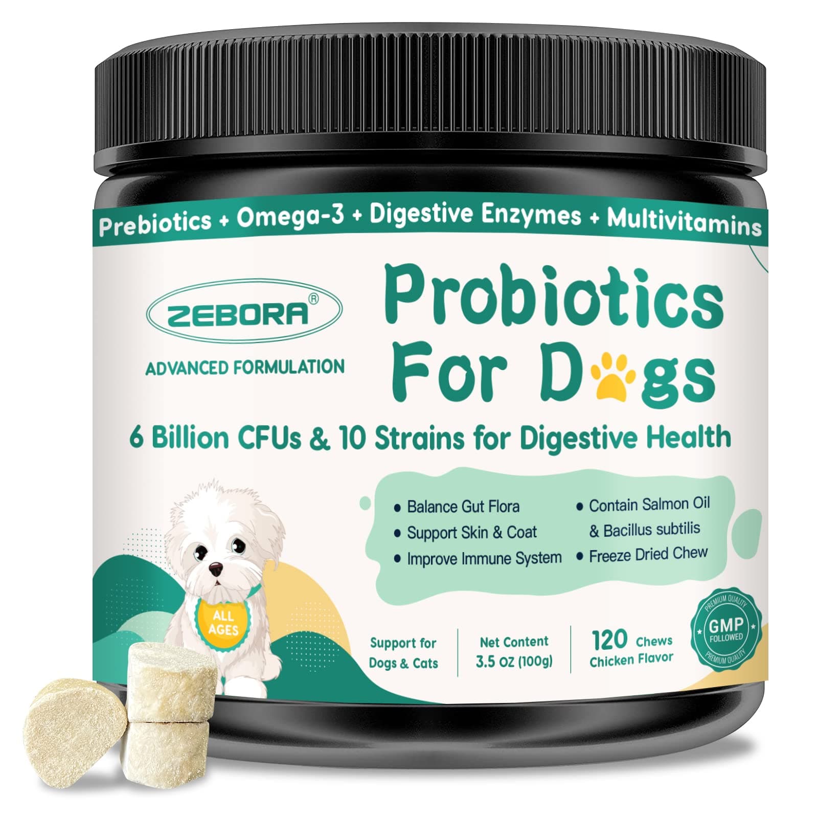 ZEBORA Probiotics for Dogs Digestive Health, Dog Probiotics and Digestive Enzymes, Prebiotics, Omega-3 & 6 and Vitamin for Dogs, 6 Billion CFUs for Gut Health and Immune Support, 120 Chews