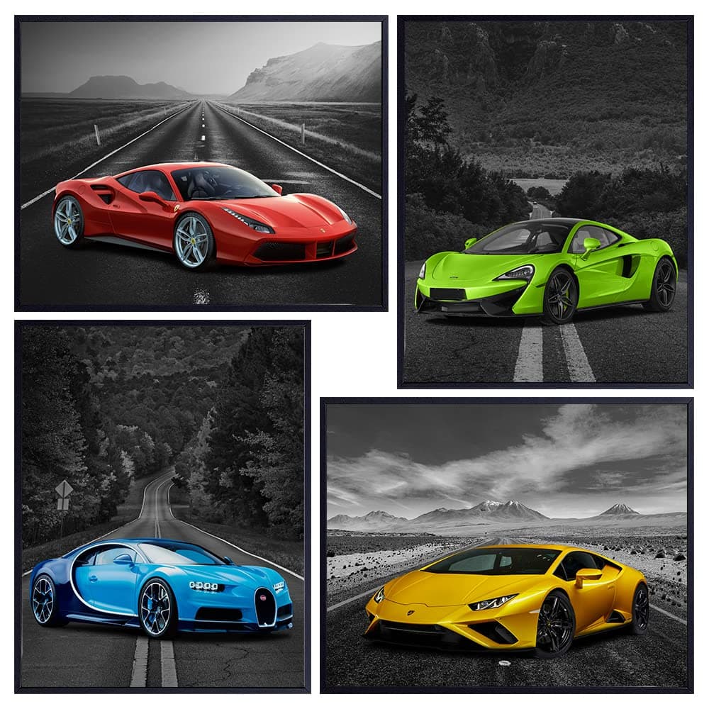 Lamborghini McLaren Ferrari Bugatti Poster Set - 8x10 Boys Room Decor - Man Cave Decor - Bar Wall Decor - Race Car Print - Sports Car Wall Art - Garage Art - Boys Bedroom Pictures