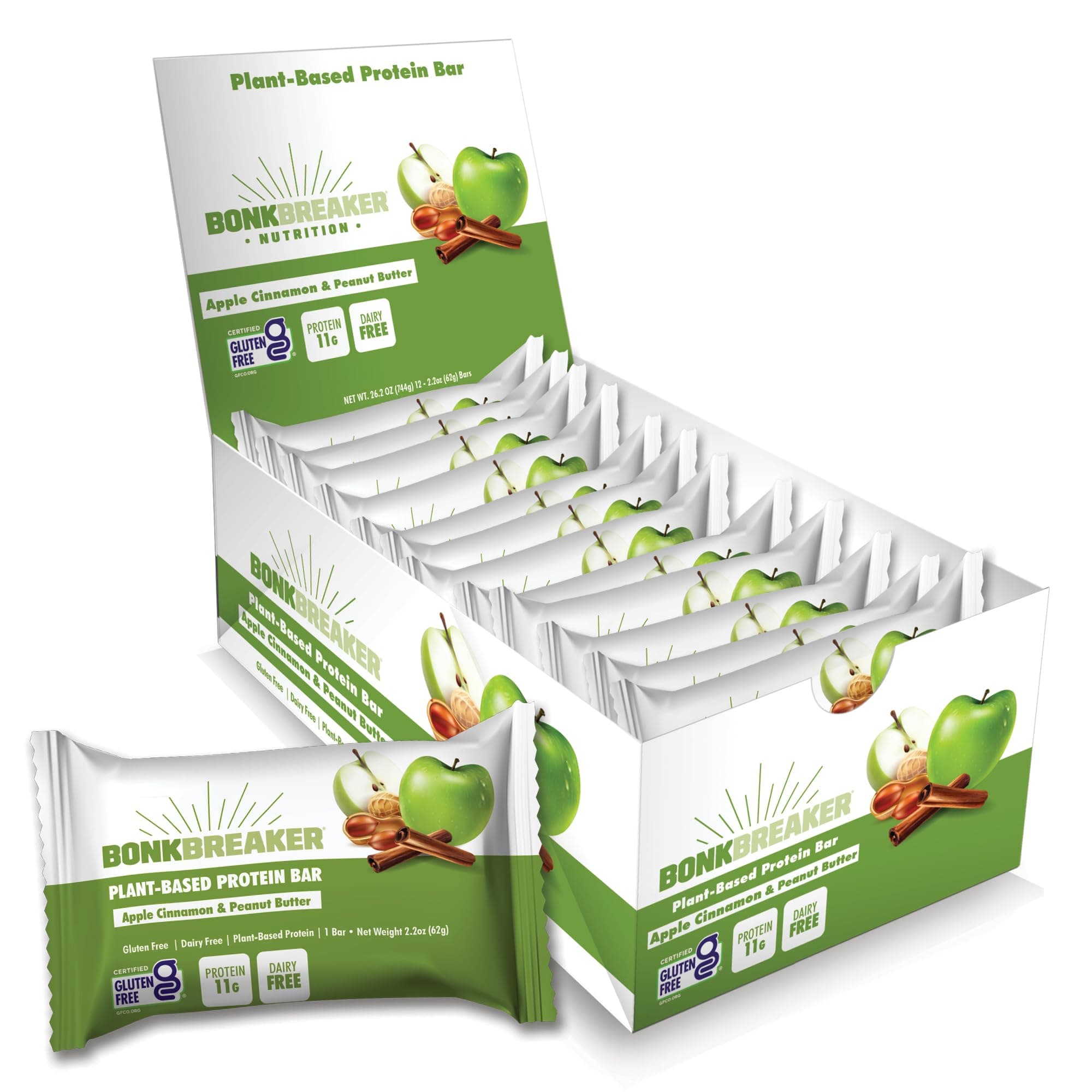 Bonk Breaker Plant Based Protein Bars, Gluten Free, Dairy Free, 11g Protein, Apple Cinnamon & Peanut Butter, 12 Pack