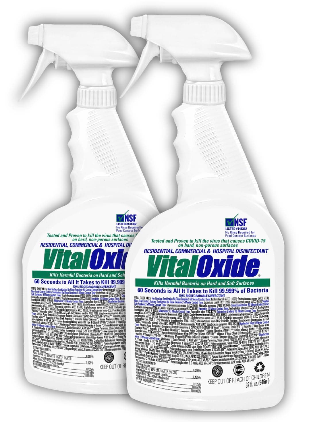Vital Oxide Disinfectant, Deodorizer, Cleaner, Food-Contact Sanitizer, Virucide - EPA Registered - Kills Mold & Mildew, Eliminates Odors - 32 oz, 2 Pack