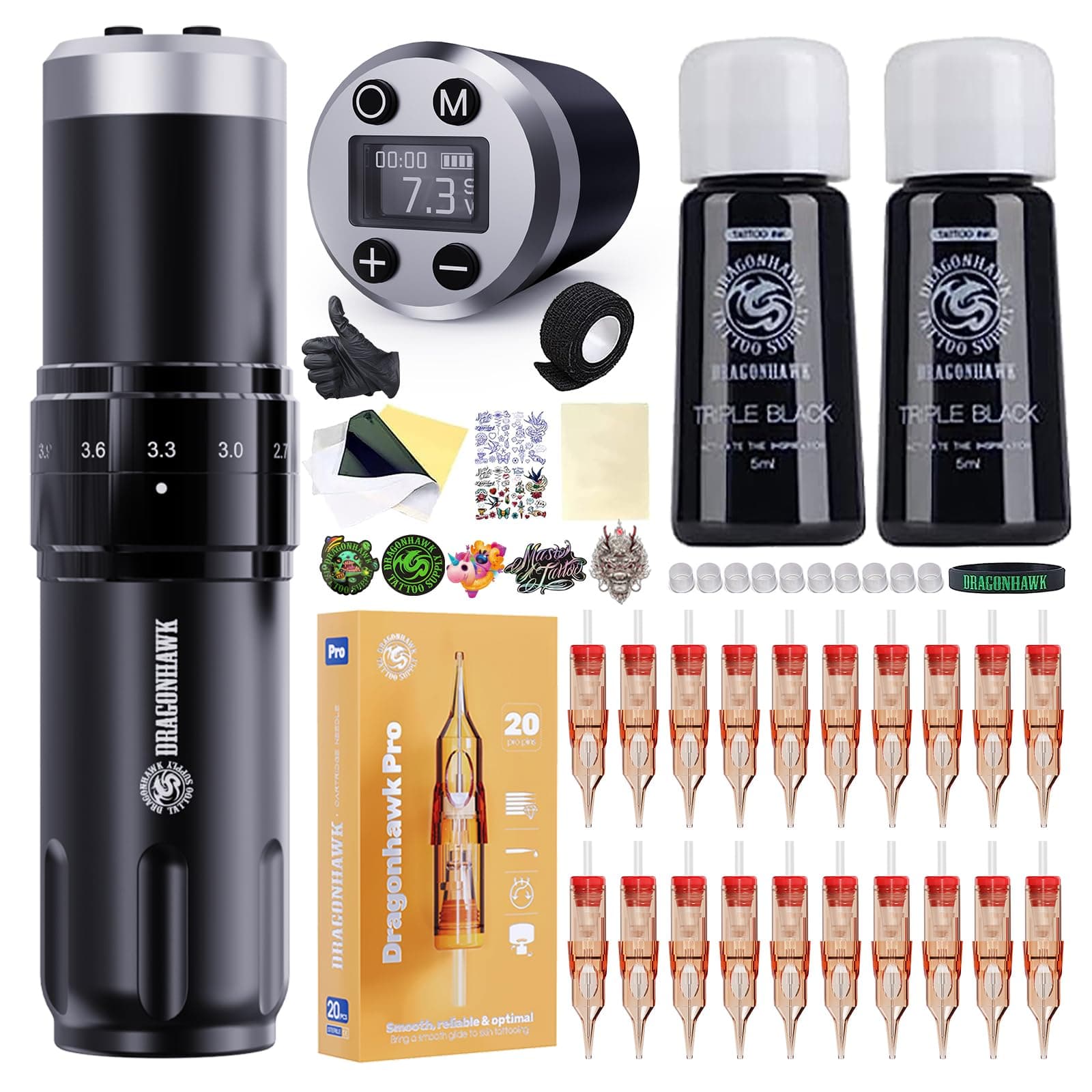 Dragonhawk Wireless Tattoo Gun Kit 7 Adjustable Strokes 2.4-4.2mm Cartridge Machine with 2 Batteries 20 Needles Complete Supplies for Beginners