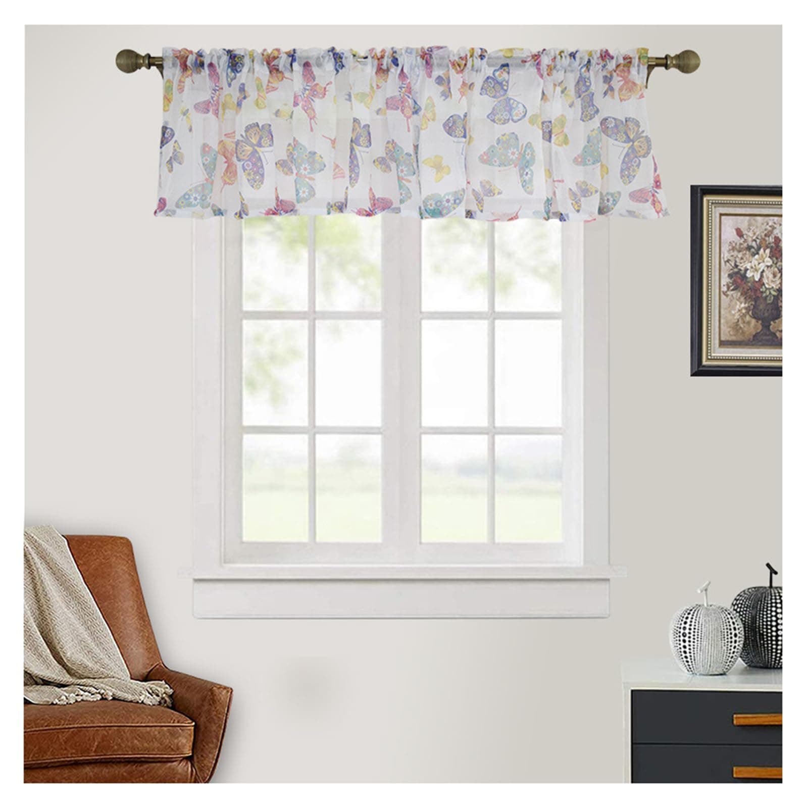 KSTORE Short Voile Curtains Printed Butterfly Cafe Curtain Rod Pocket Kitchen Curtains for Bedroom Living Room Balcony,W90cm x H30cm/ 35 x 11 inch