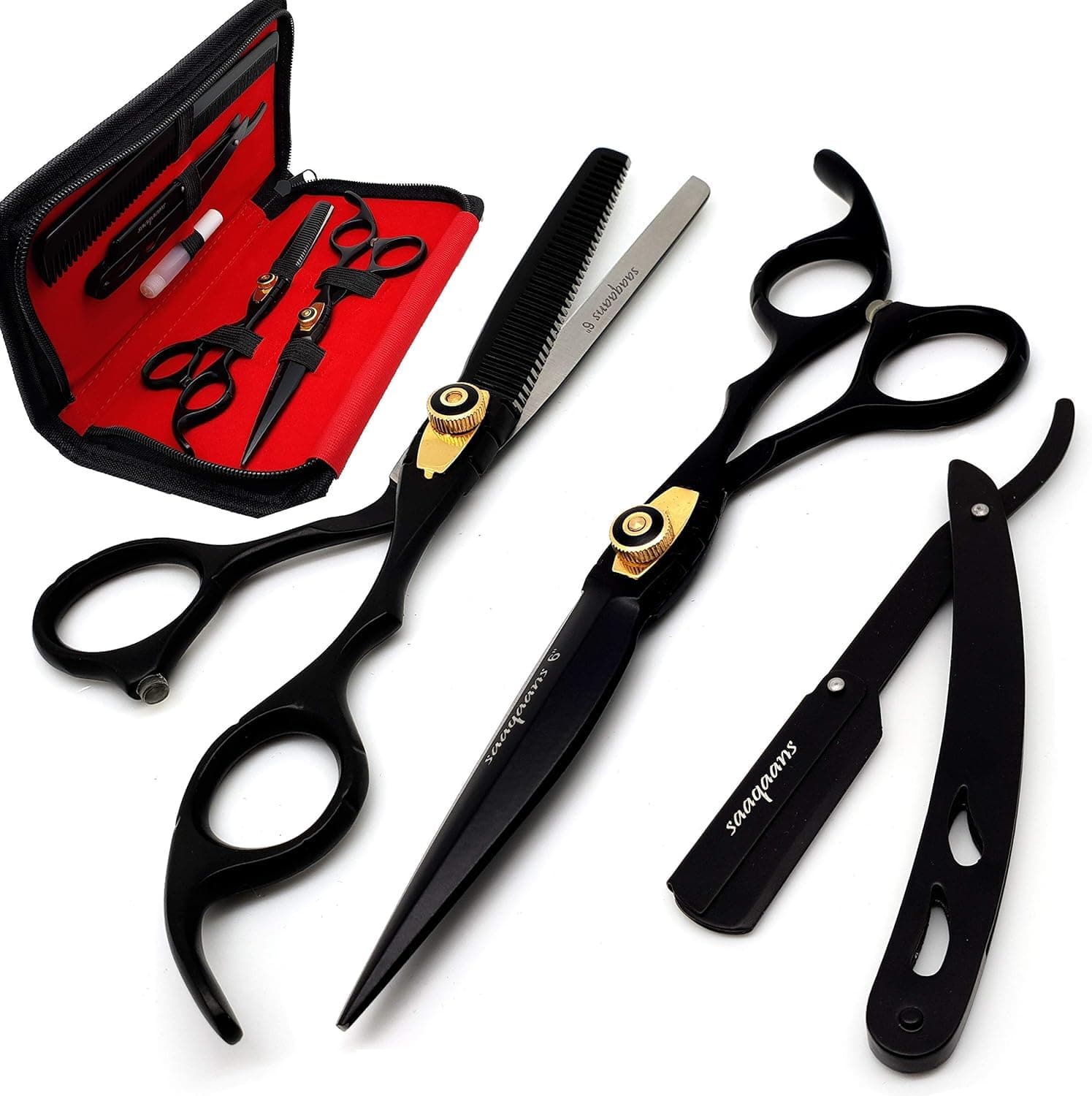 Saaqaans MSS-01 Hairdressing Scissors Set - Hair Cutting Scissor for Barber/Hair Salon + Thinning Haircut Shear for Beautician + Straight Edge Razor + 10 Blades with Case (Black Scissors Set AE)